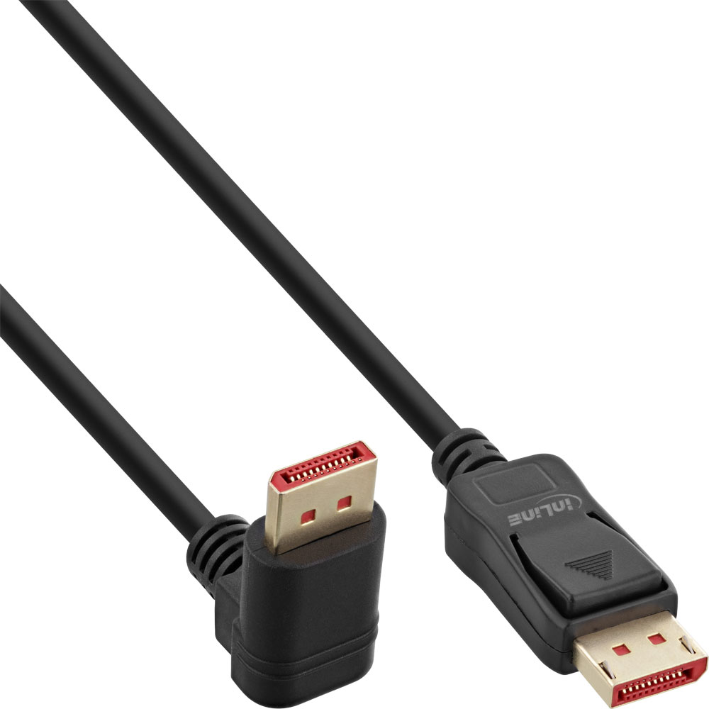 Cavo DisplayPort nero. Un'estremità è angolata.