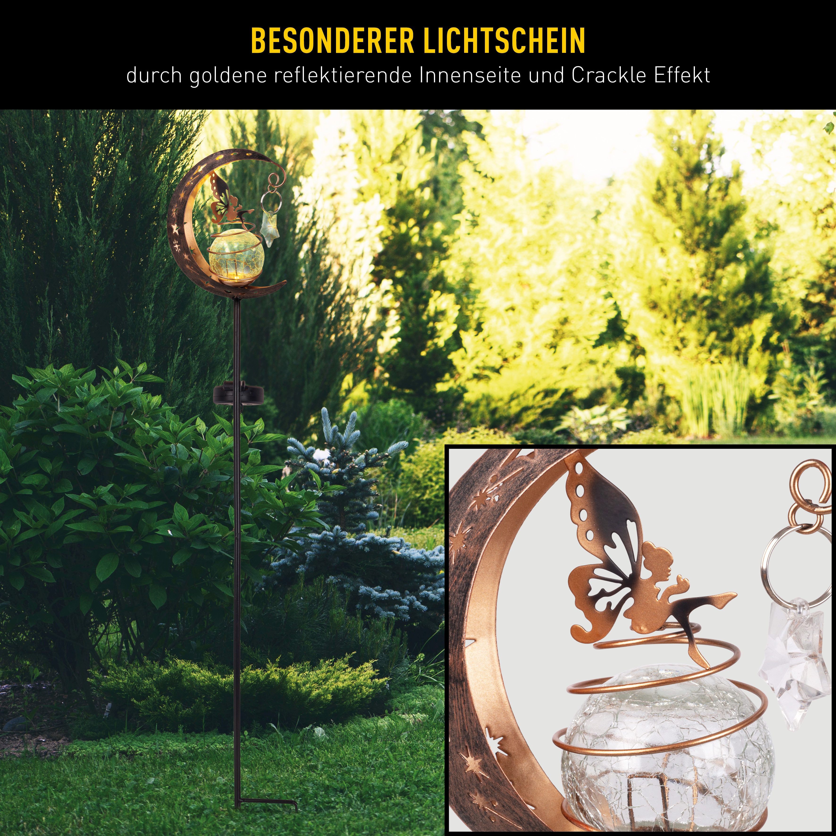 Eine Garten-Stablampe mit Mond- und Feendesign, beleuchtet mit warmem Glanz.