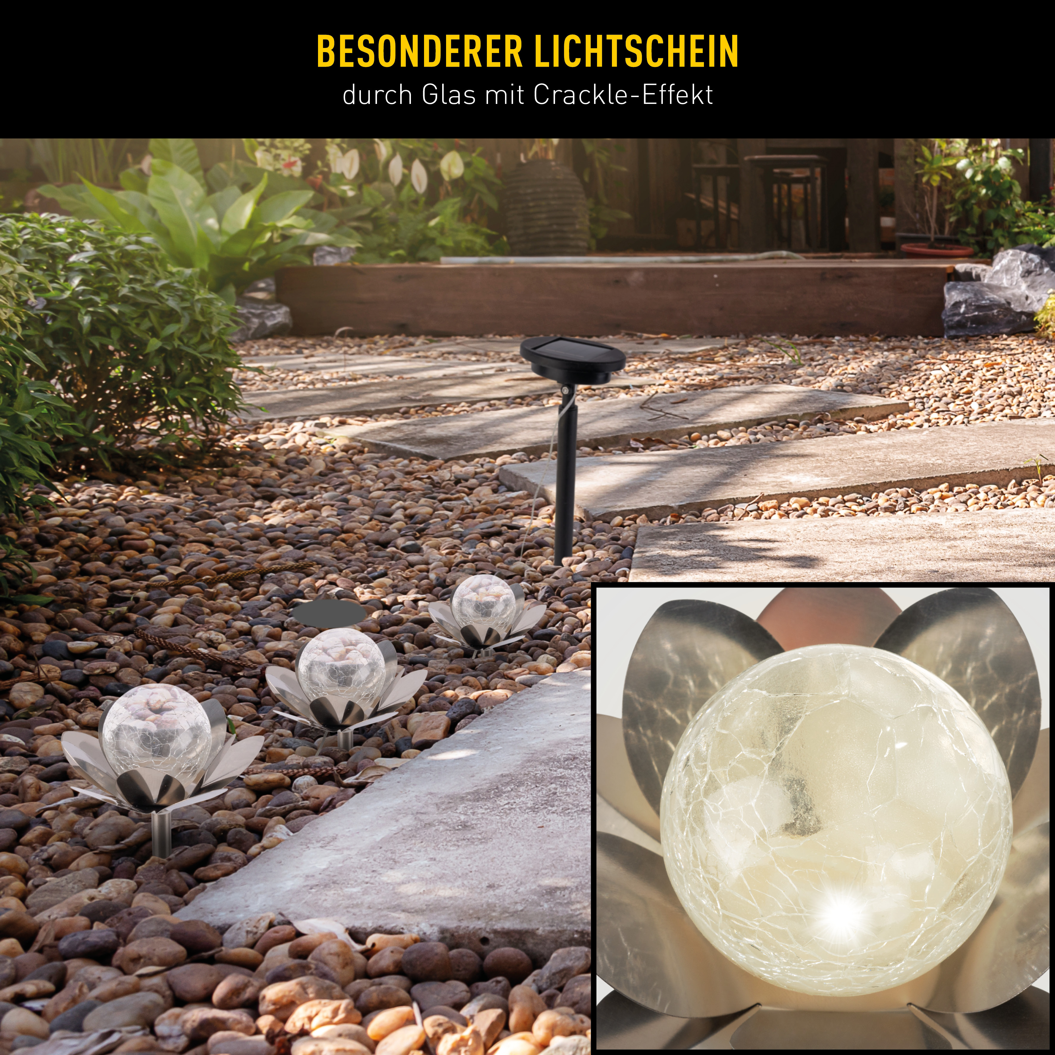 Gartenlandschaft im Freien mit Solarleuchten. Drei blütenförmige Lichter und Nahaufnahme.