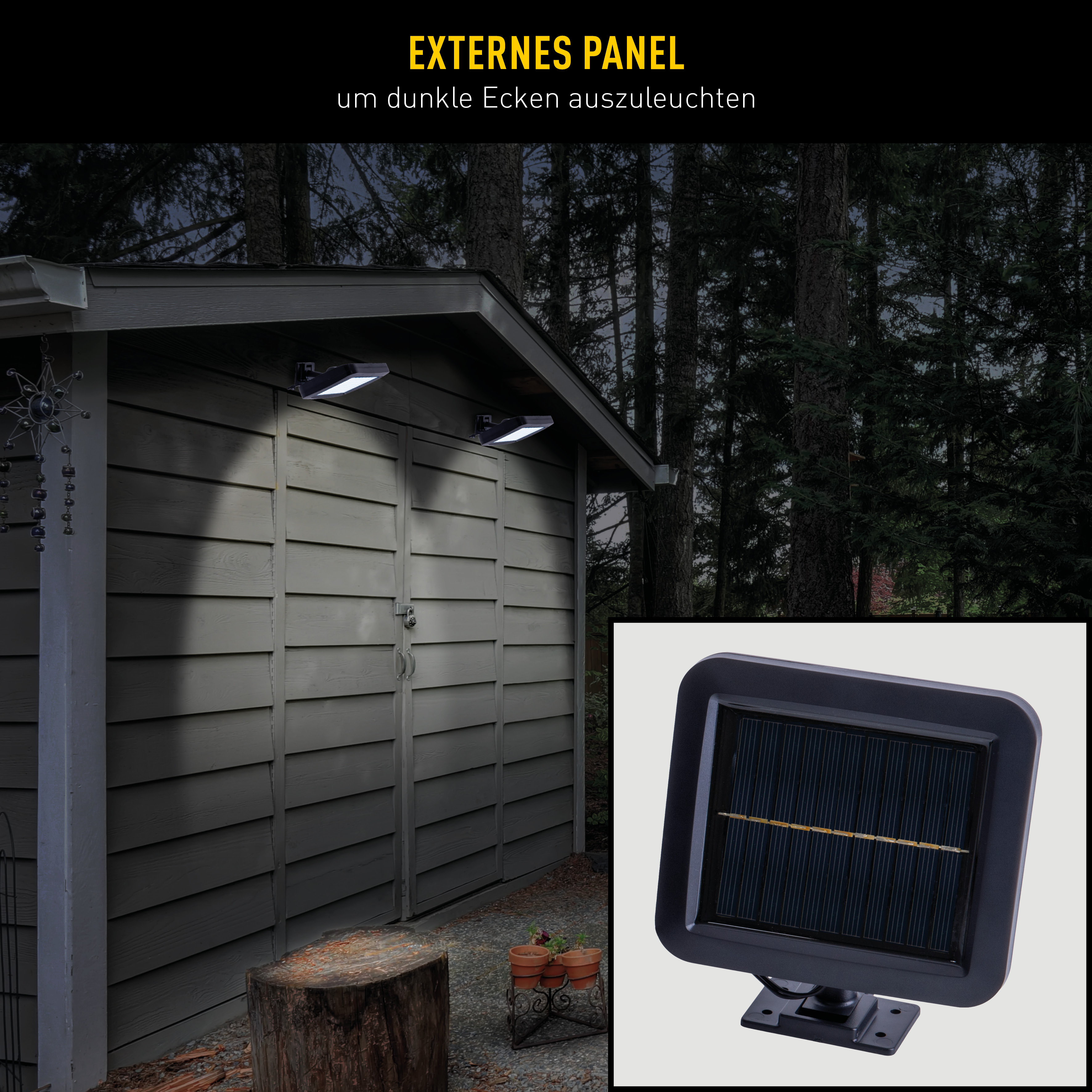 Außenbeleuchtung. Das Bild zeigt einen Schuppen mit eingeschalteten Lichtern und ein Solarpanel. Text: Externes Panel.