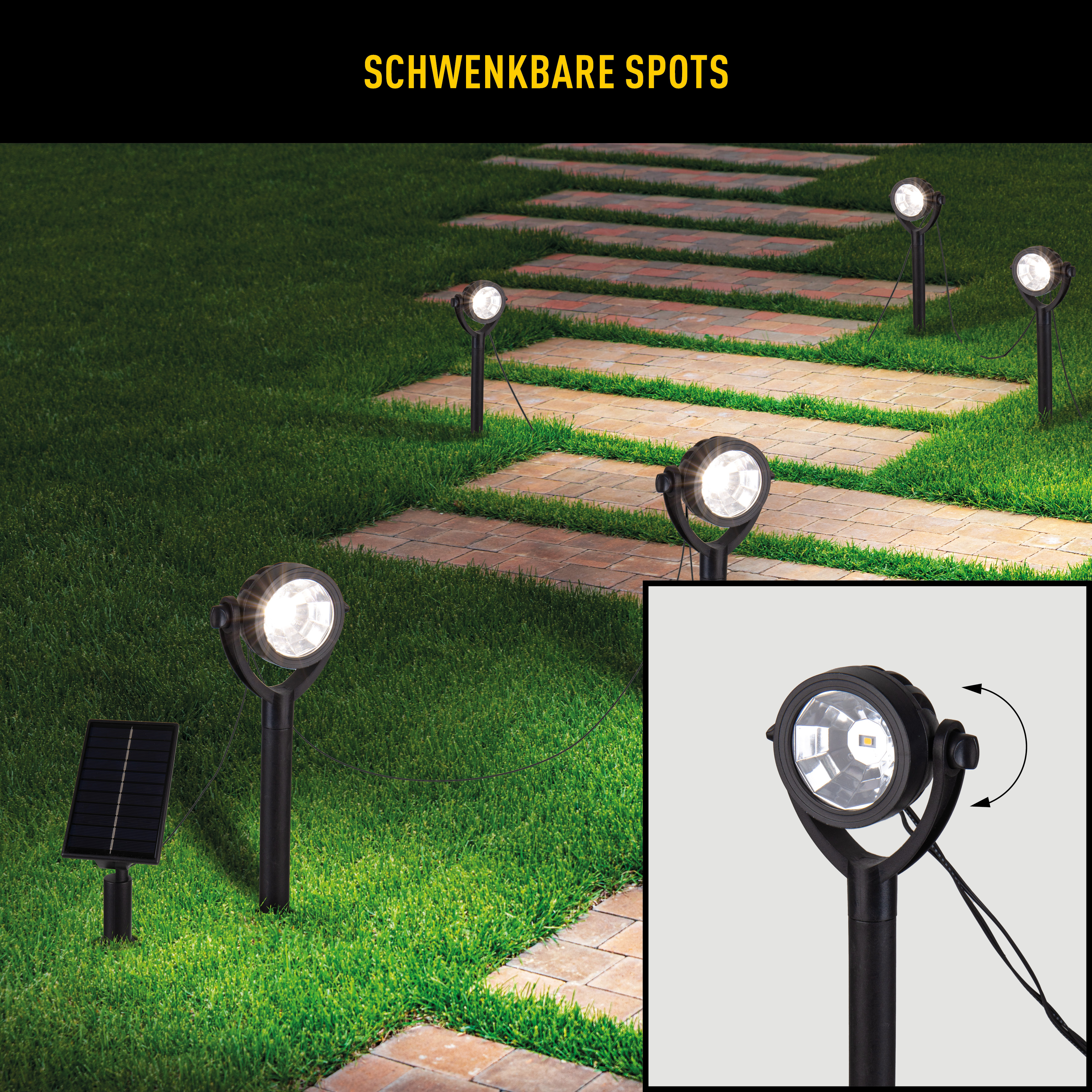 Outdoor-Spots auf einem Grasweg. Eine Solarzelle und eine Nahaufnahme eines Lichts sind sichtbar.