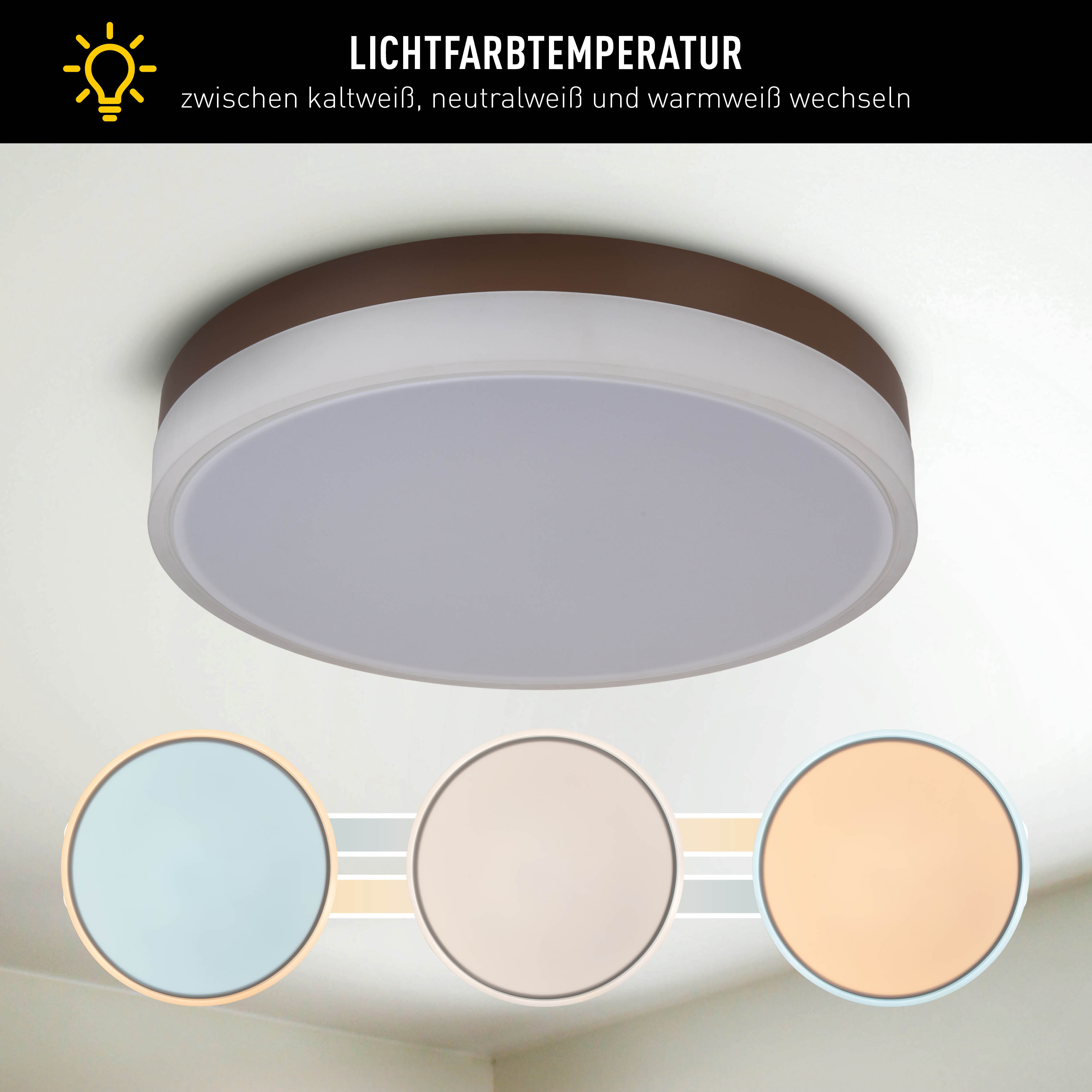 Deckenleuchte mit 3 Kreisen, die verschiedene Lichtfarbtemperaturen zeigen.