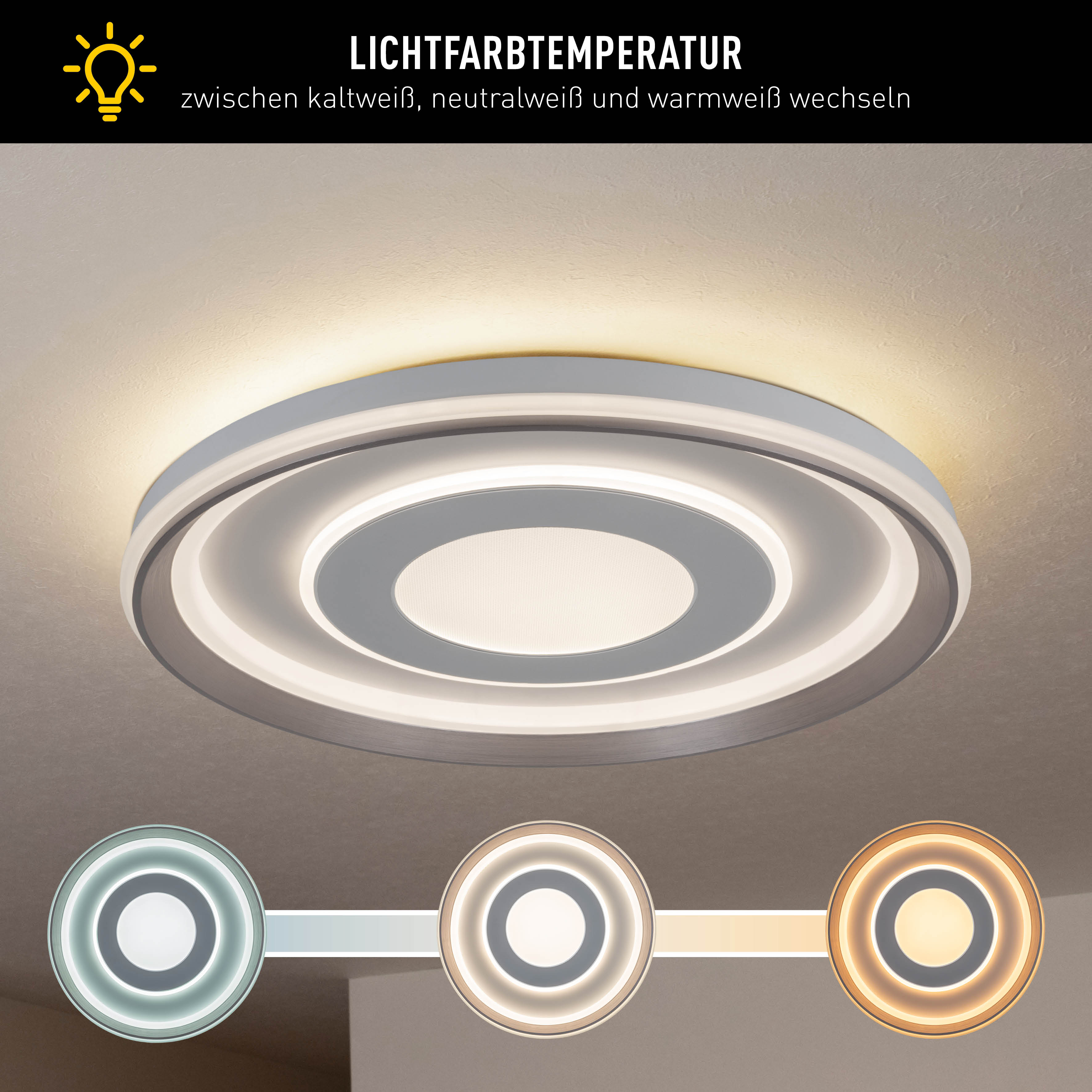 Eine runde, weiße Deckenlampe mit zentralem Lichtring und drei kleinen Lichtoptionen darunter.
