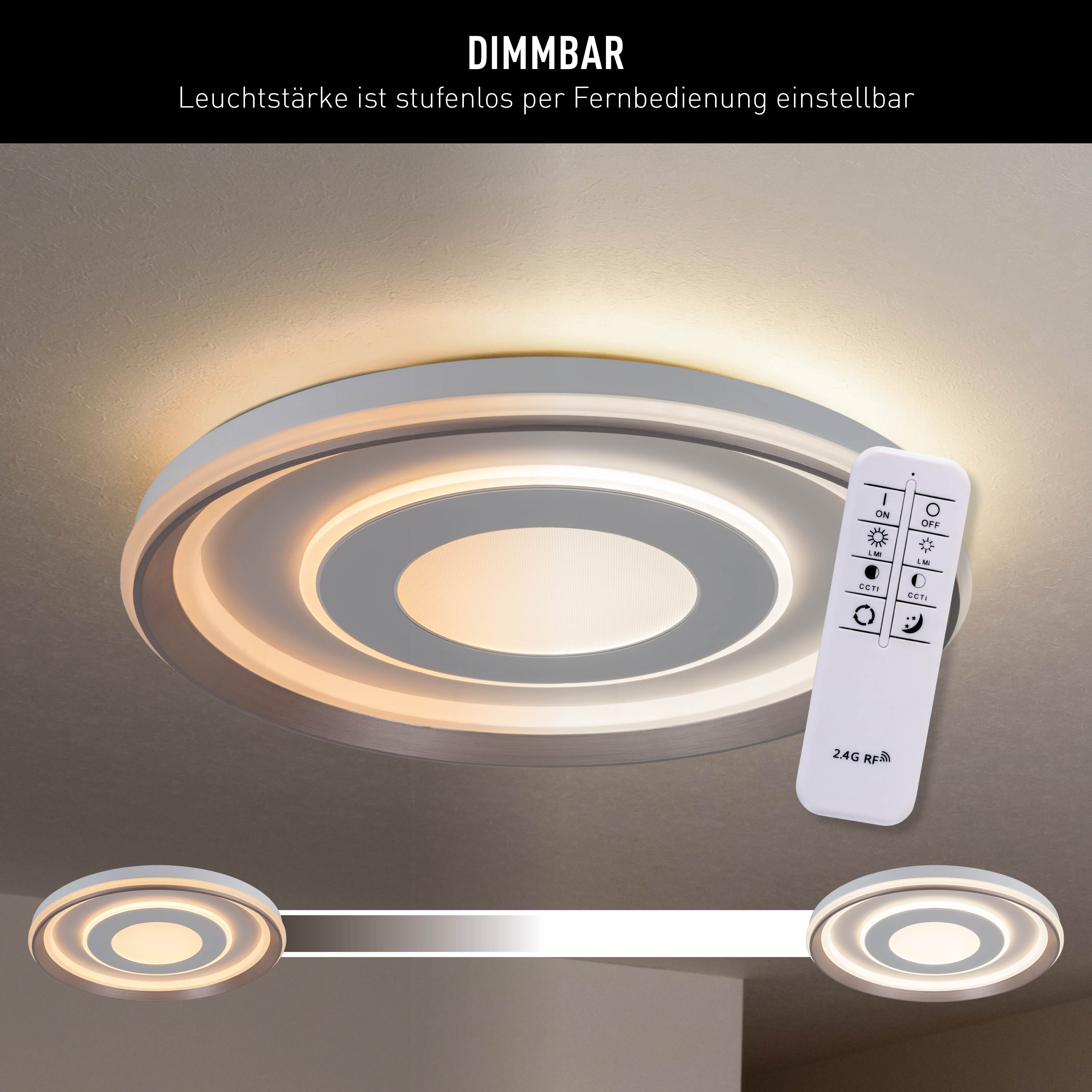 Eine moderne runde Deckenlampe mit Fernbedienung und zwei kleineren Leuchten.