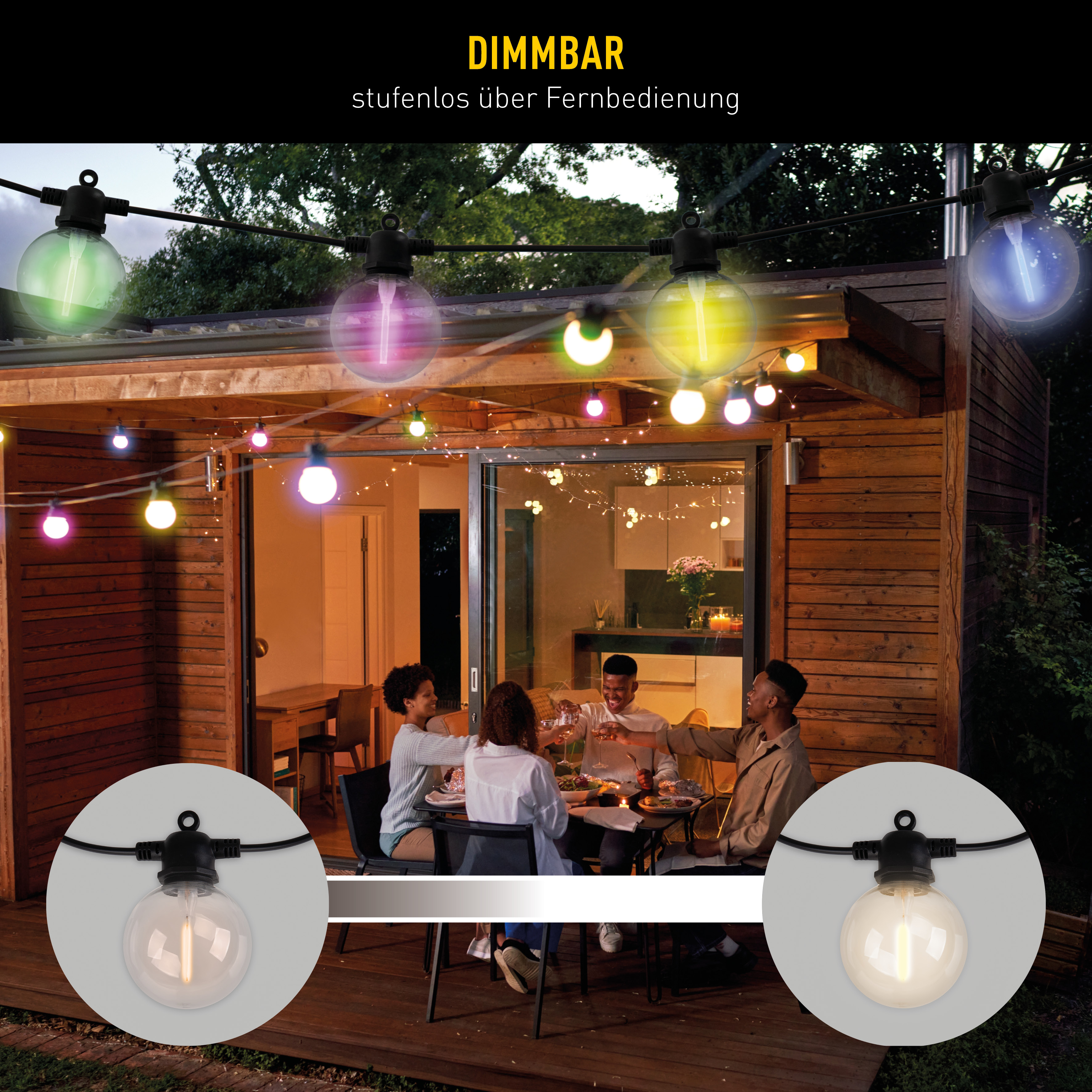 Leute sitzen an einem Tisch unter einer Holzkonstruktion mit Lichterketten. Die Lichter sind verschiedenfarbig.