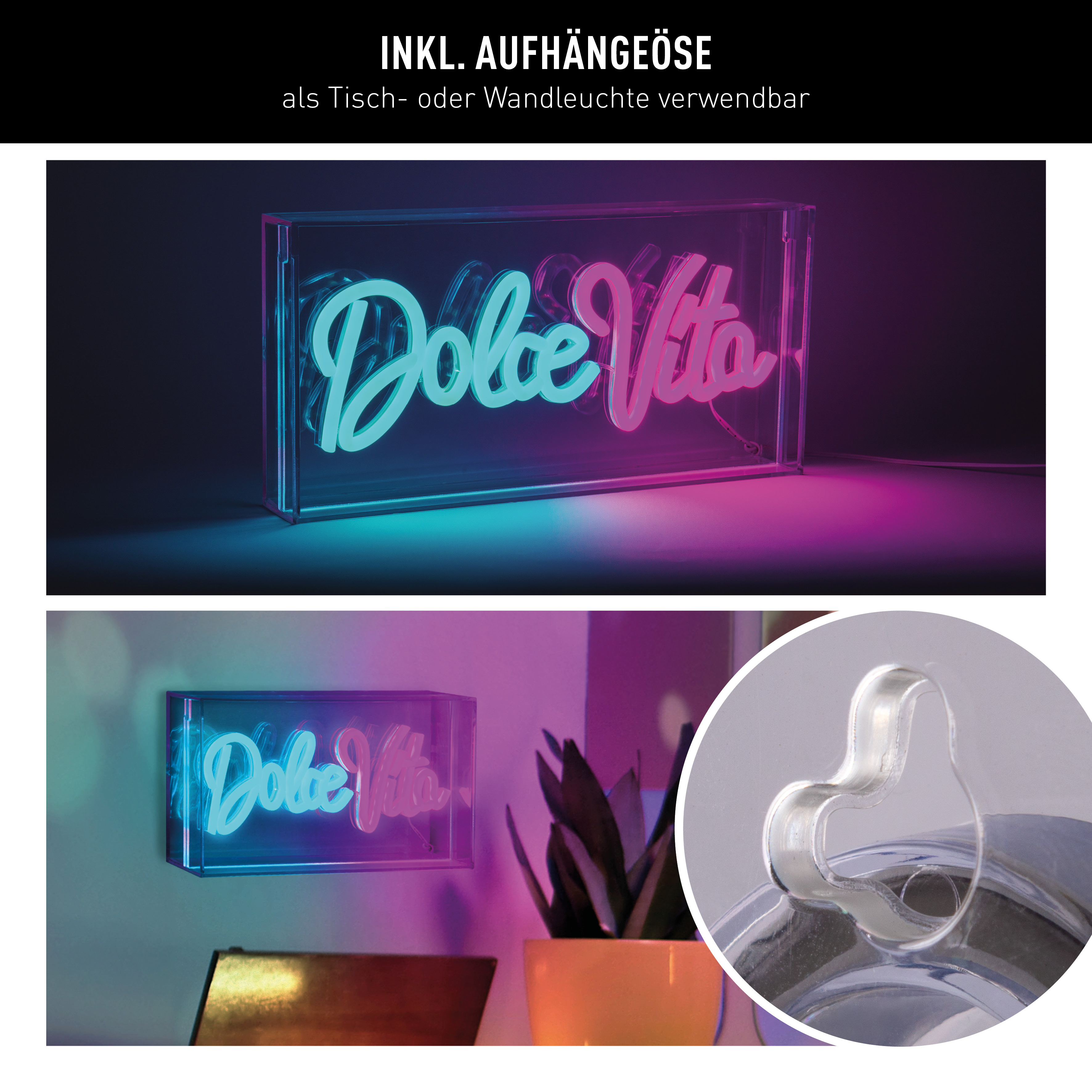 Neon-Schild mit „Dolce Vita“, an Wand und Tisch. Klarer Hintergrund, pinkes und blaues Licht.