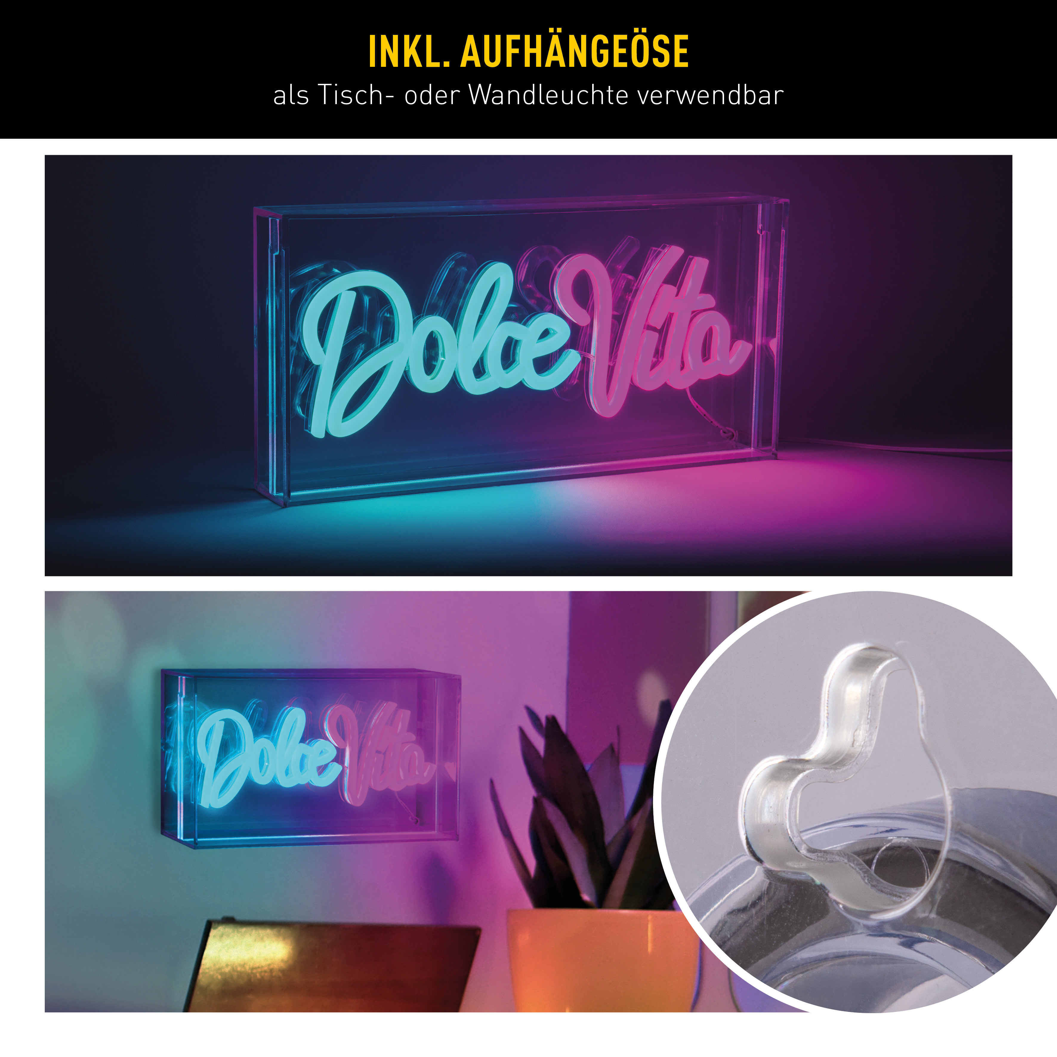 Ein Neonschild mit den Worten 'Dolce Vita'. Das Schild befindet sich in einer klaren Box und ist wandmontierbar.