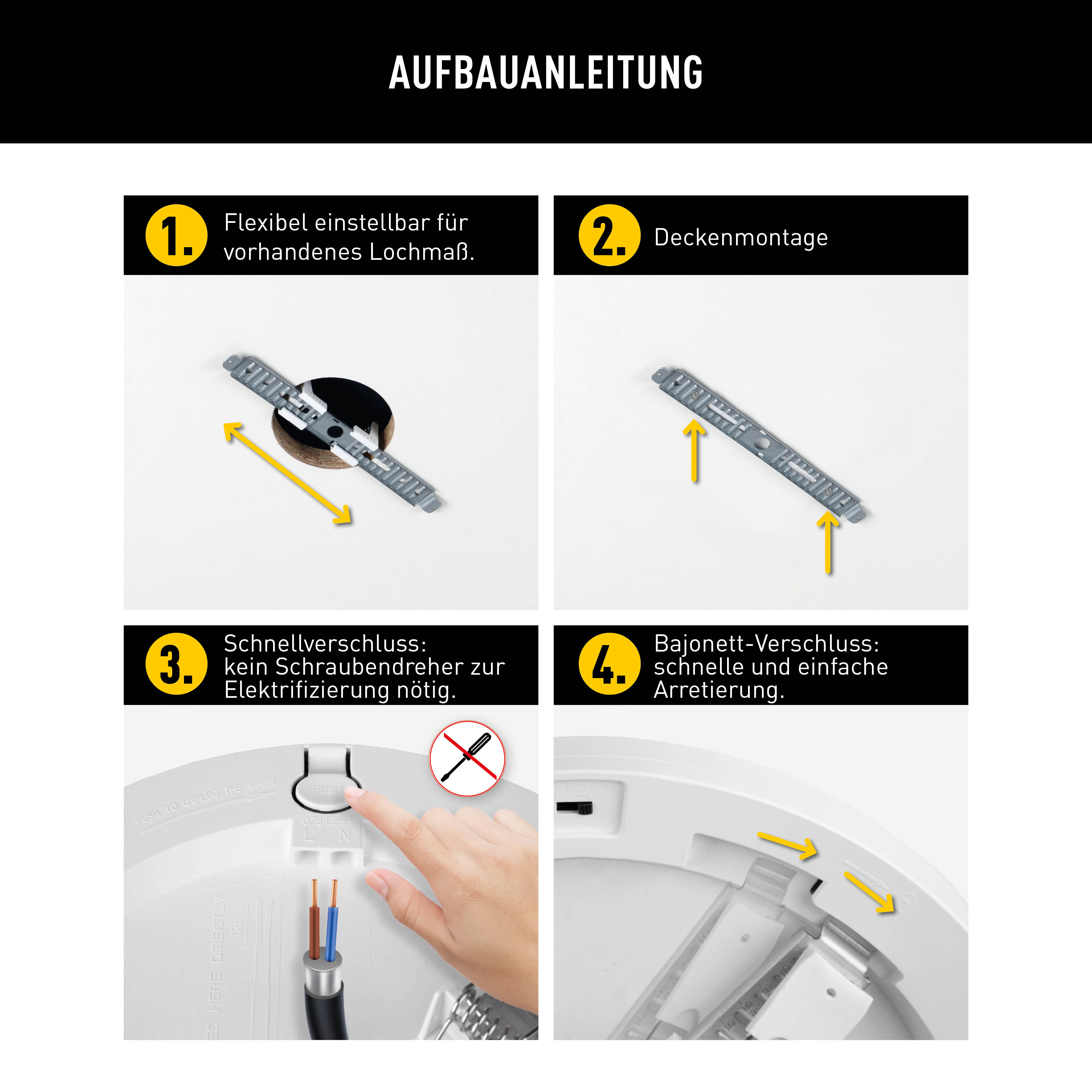 Montageanleitung mit Schrauben, Einbau einer Deckenleuchte. Schritt-für-Schritt-Anweisungen werden gegeben.