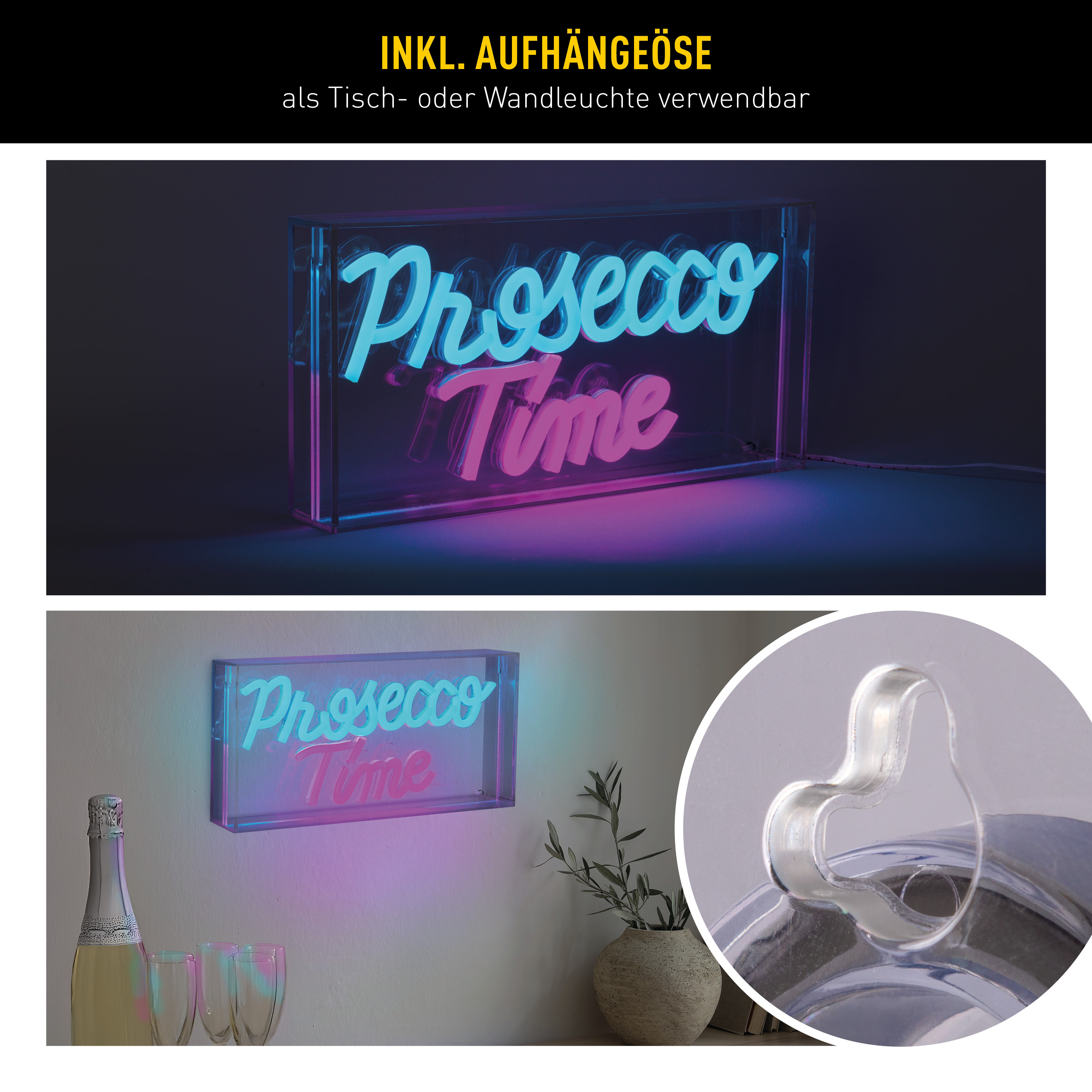 Ein Neonschild mit 'Prosecco Time' in Pink und Blau, gezeigt an der Wand und als Nahaufnahme.