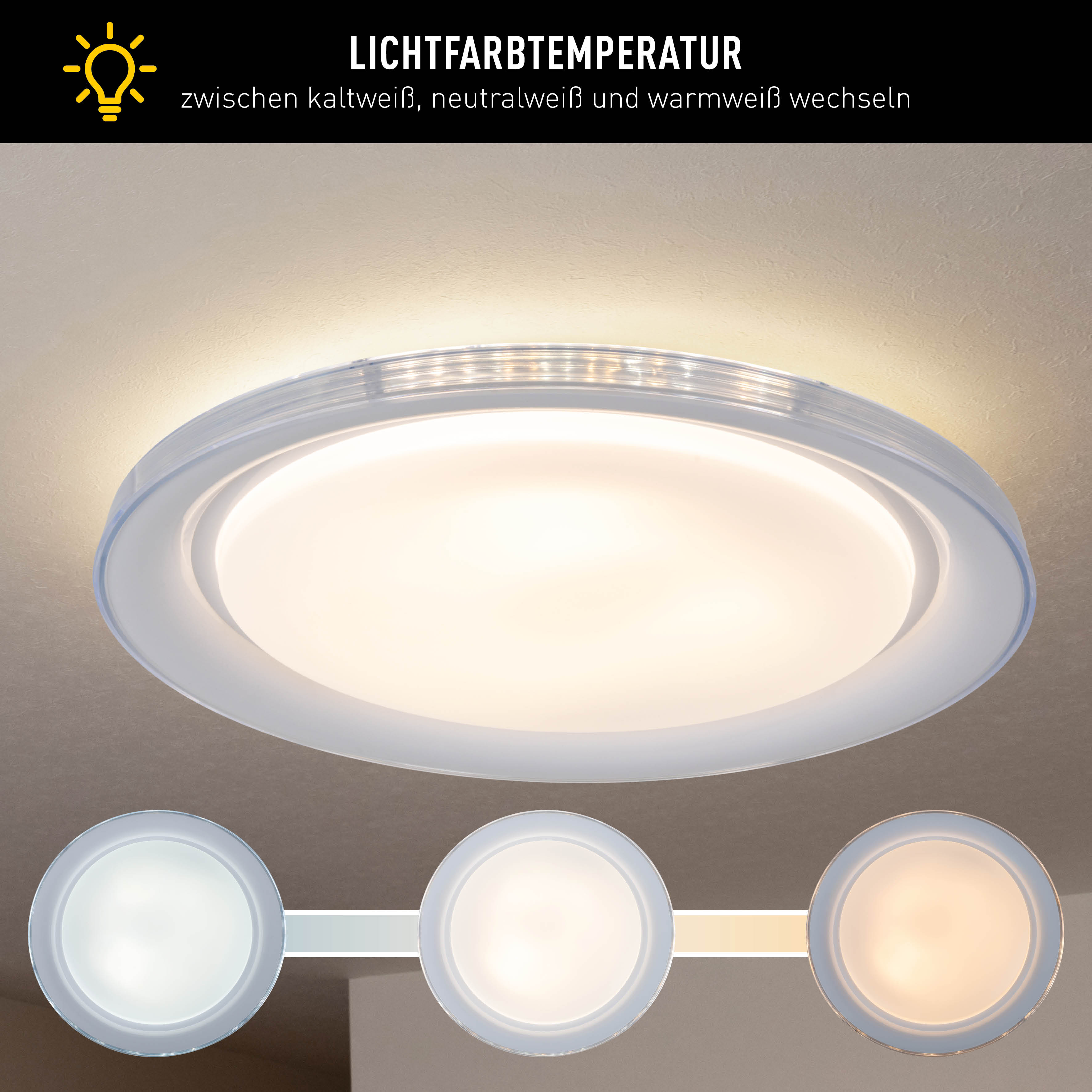 Deckenlampe mit drei Lichtoptionen darunter, darüber steht: 'Lichtfarbtemperatur'.