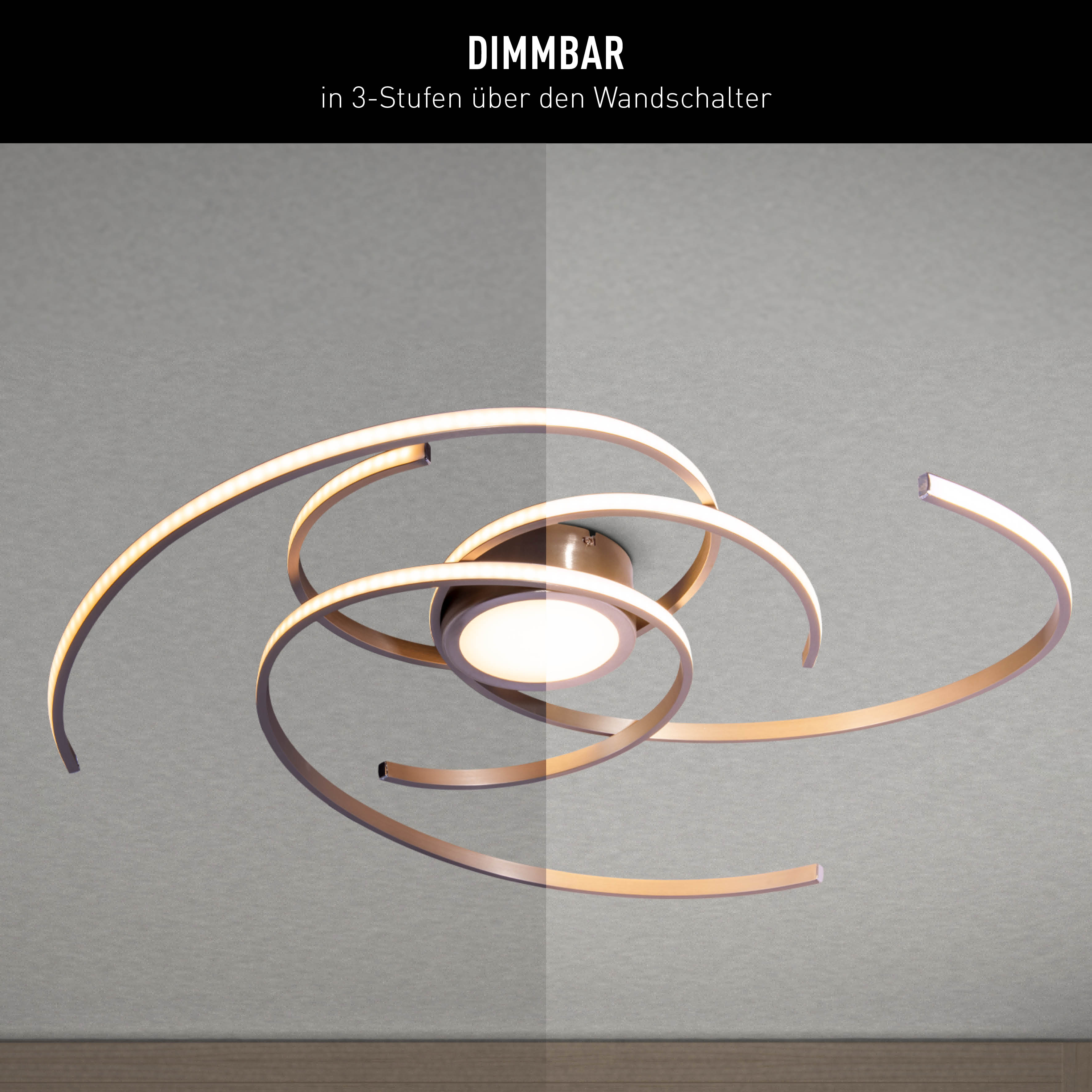 Eine Deckenleuchte in Spiraldesign. Es hat ein zentrales Licht und mehrere gebogene Arme.