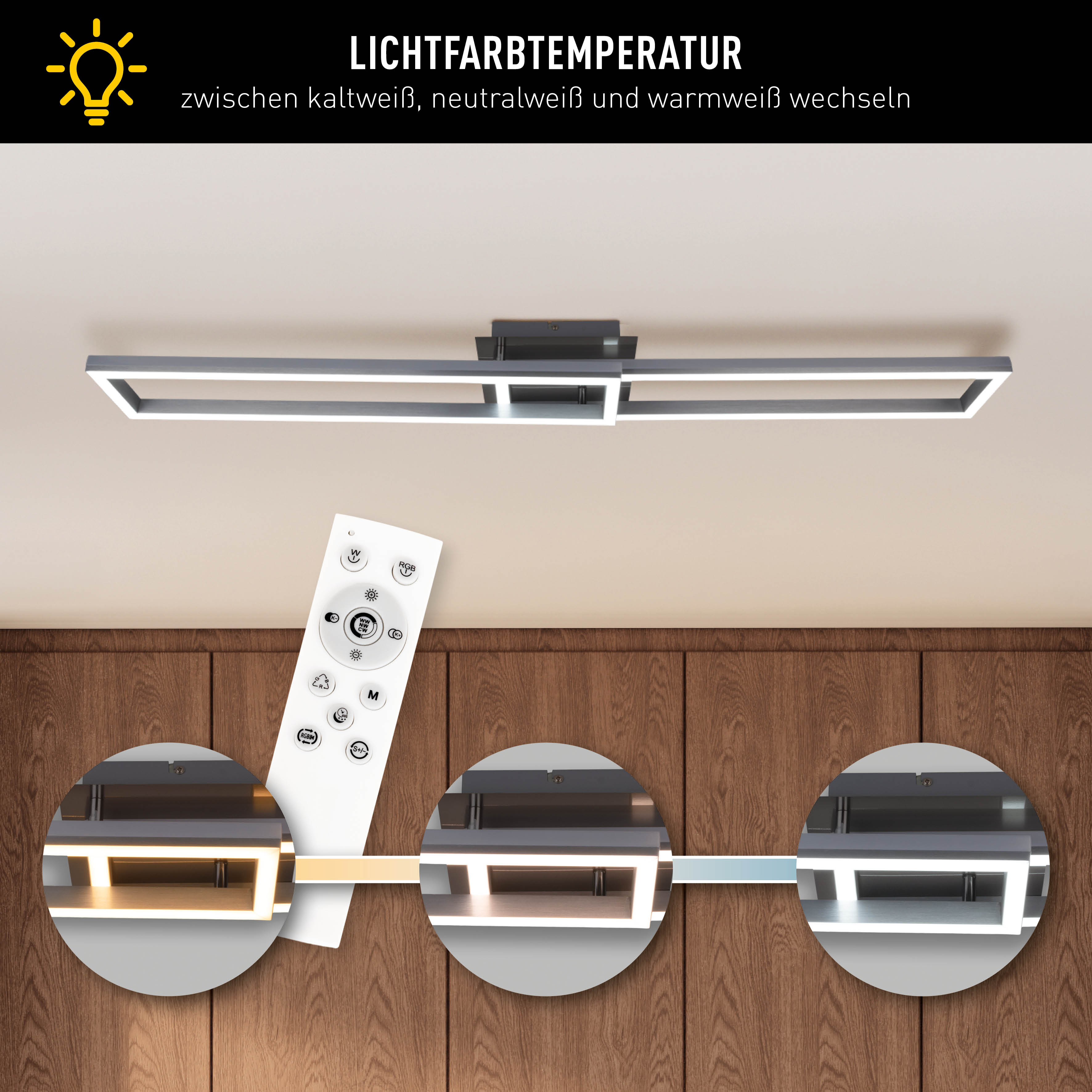 Rechteckige LED-Deckenleuchte mit Fernbedienung, drei Lichttemperaturen. Text auf Deutsch.