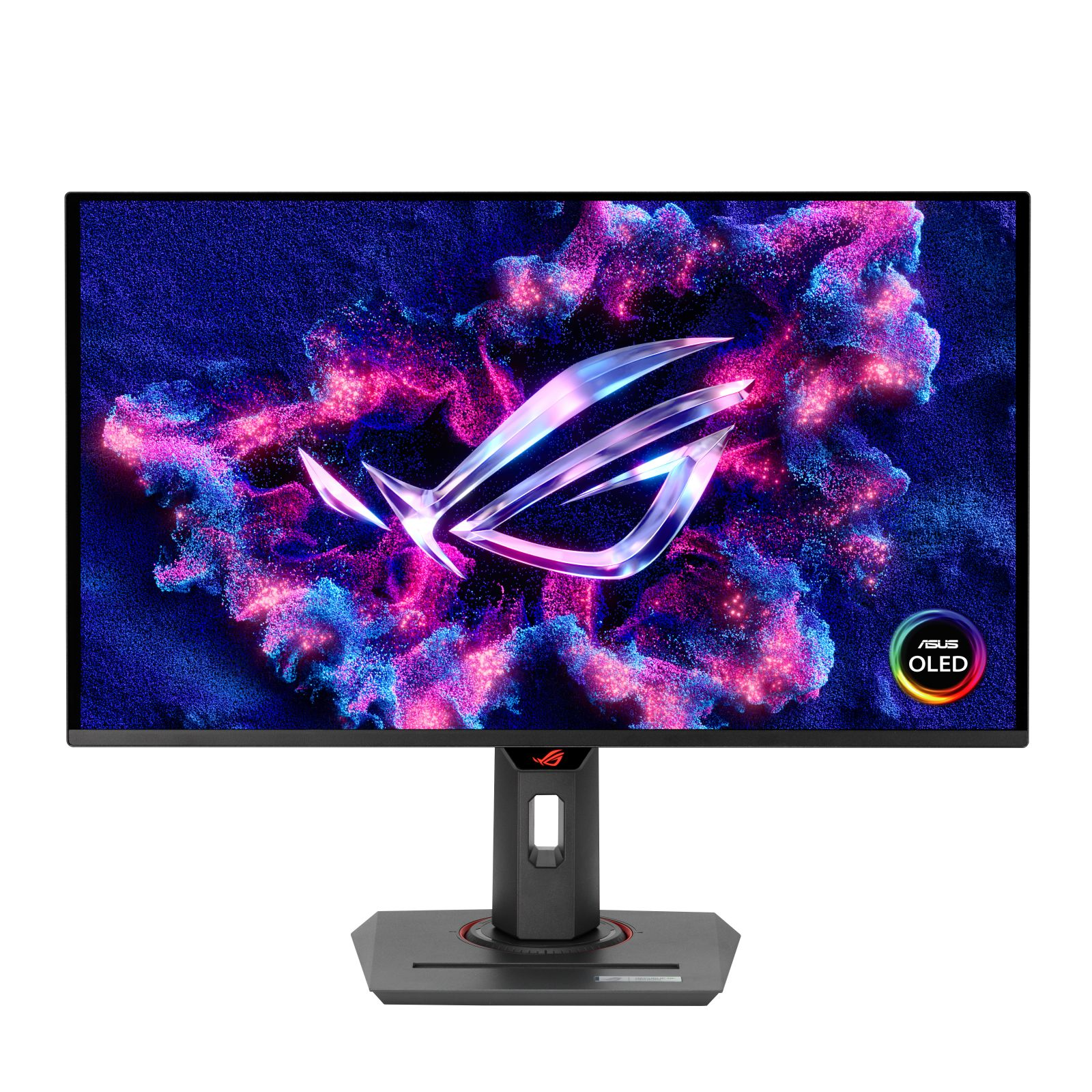 ASUS OLED monitör. OLED logolu siyah çerçeve. Koyu, renkli arka plan. Siyah stand ve taban.