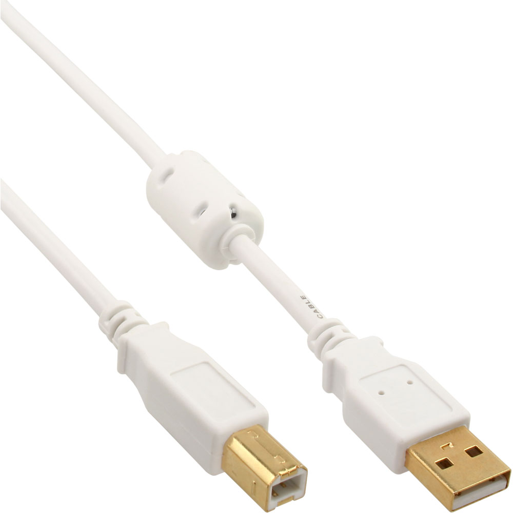 Un cavo USB bianco con connettore USB-A e USB-B.