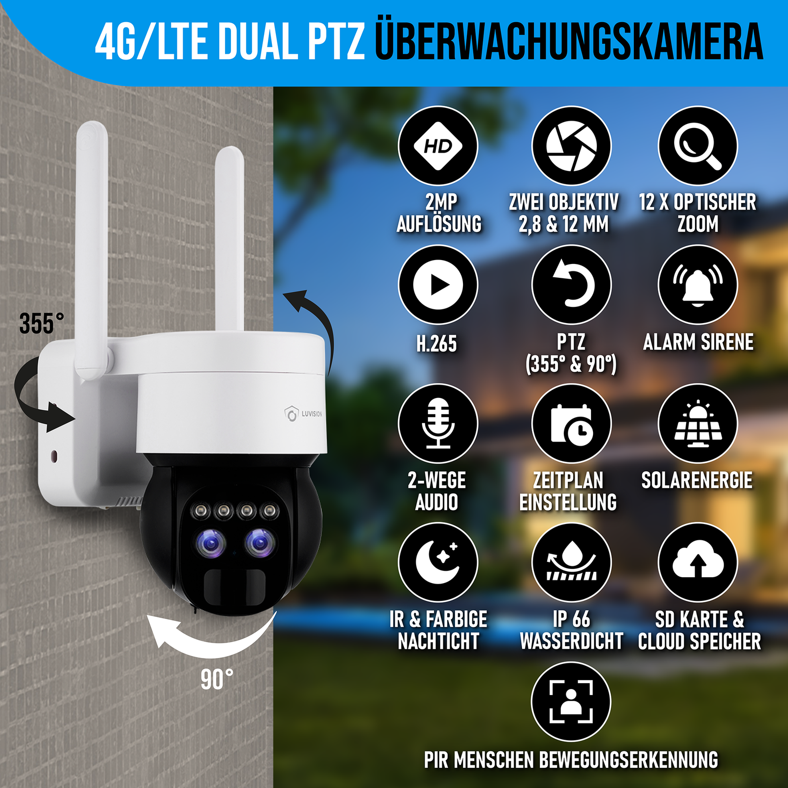 Eine weiße Überwachungskamera mit zwei Antennen. Es hat mehrere Symbole, die seine Funktionen anzeigen.
