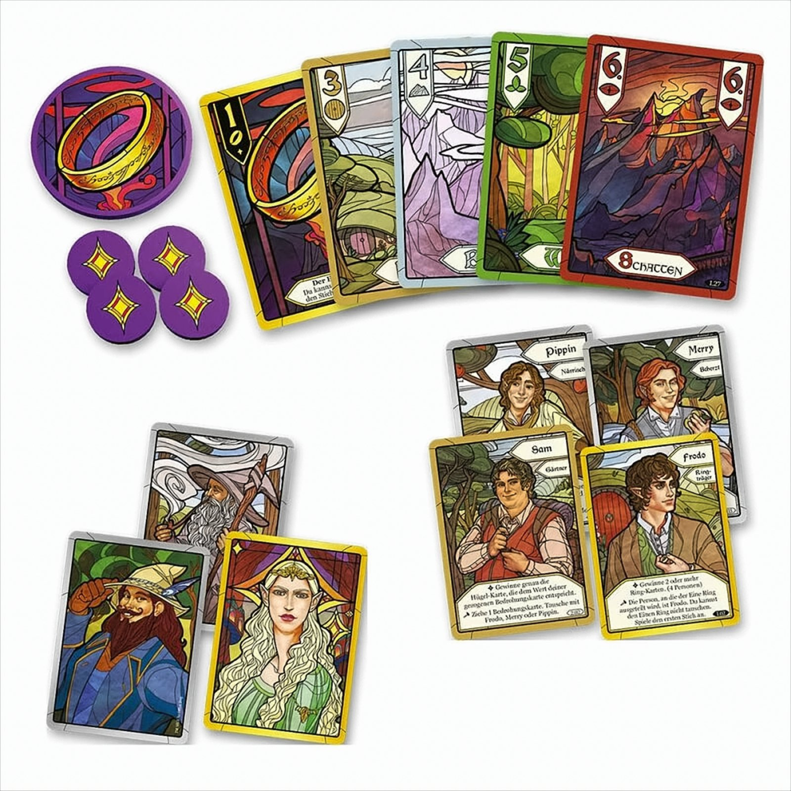 Herr der Ringe Brettspiel-Komponenten: Ring, Karten und Spielsteine.