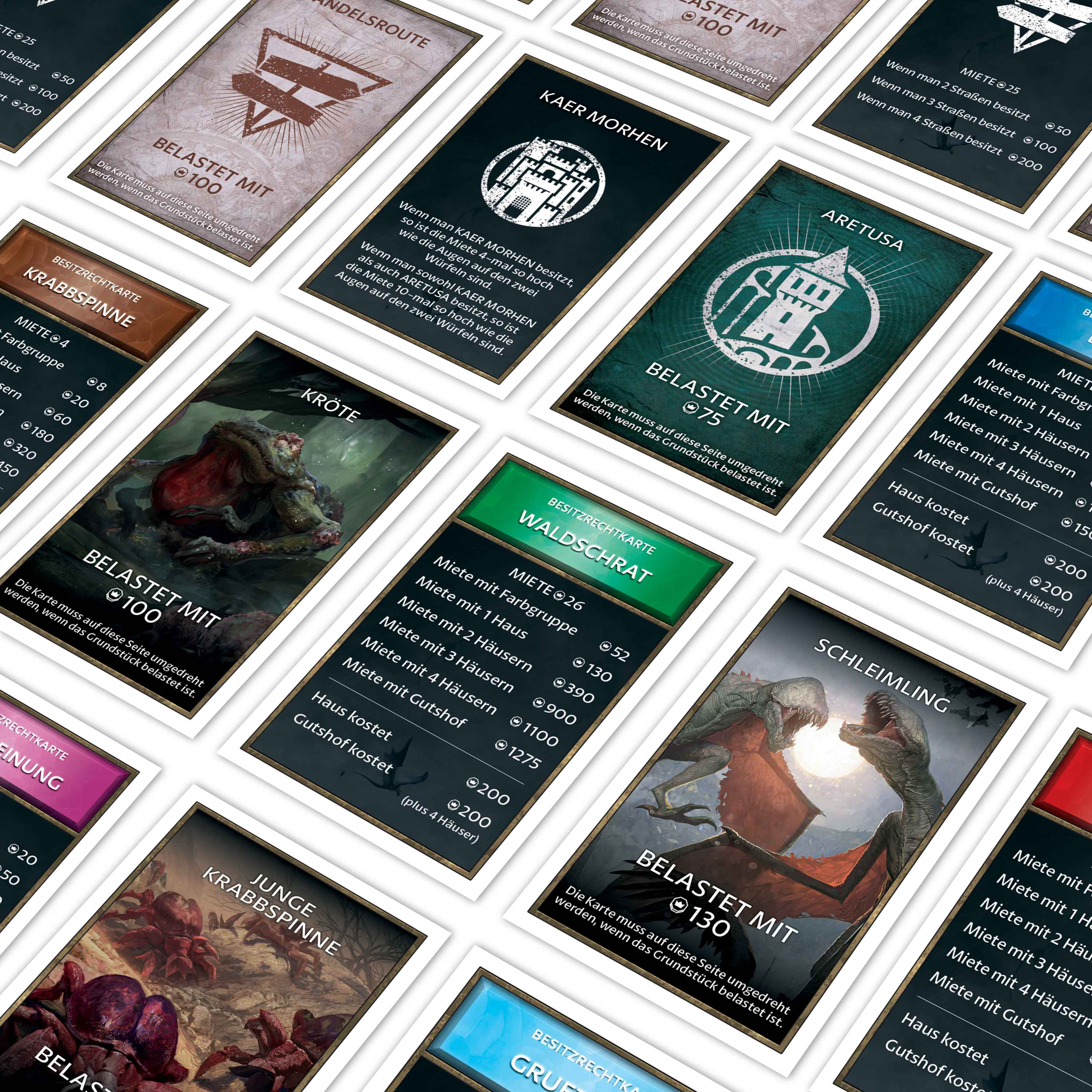 Brettspielkarten mit Fantasy-Kunst und Text. Verschiedene Kreaturen und Orte werden angezeigt.