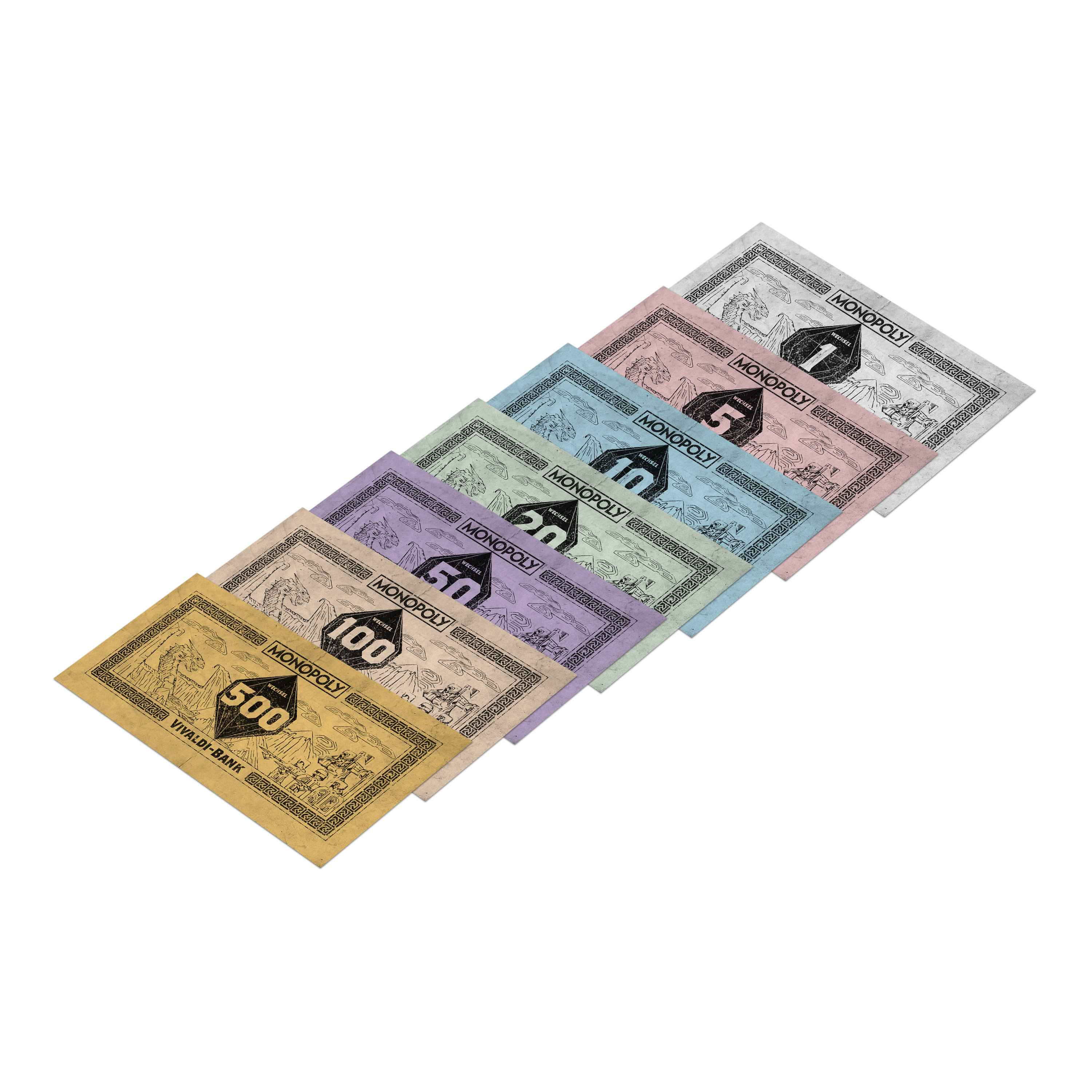Monopoly-Geld in den Nennwerten 1, 5, 10, 20, 50, 100 und 500. Schräg angeordnet.