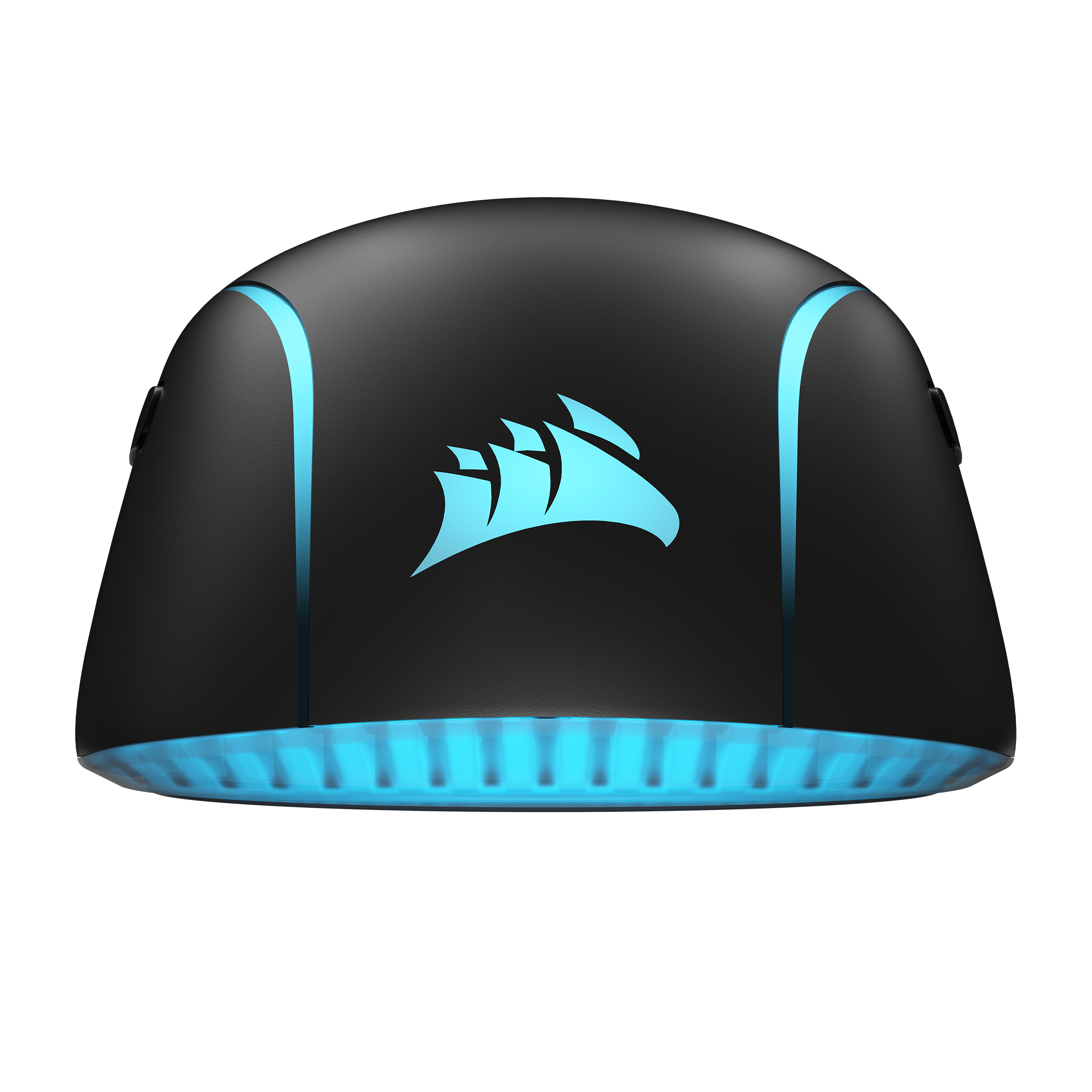 Czarna mysz komputerowa z turkusowymi akcentami i logo, na białym tle.