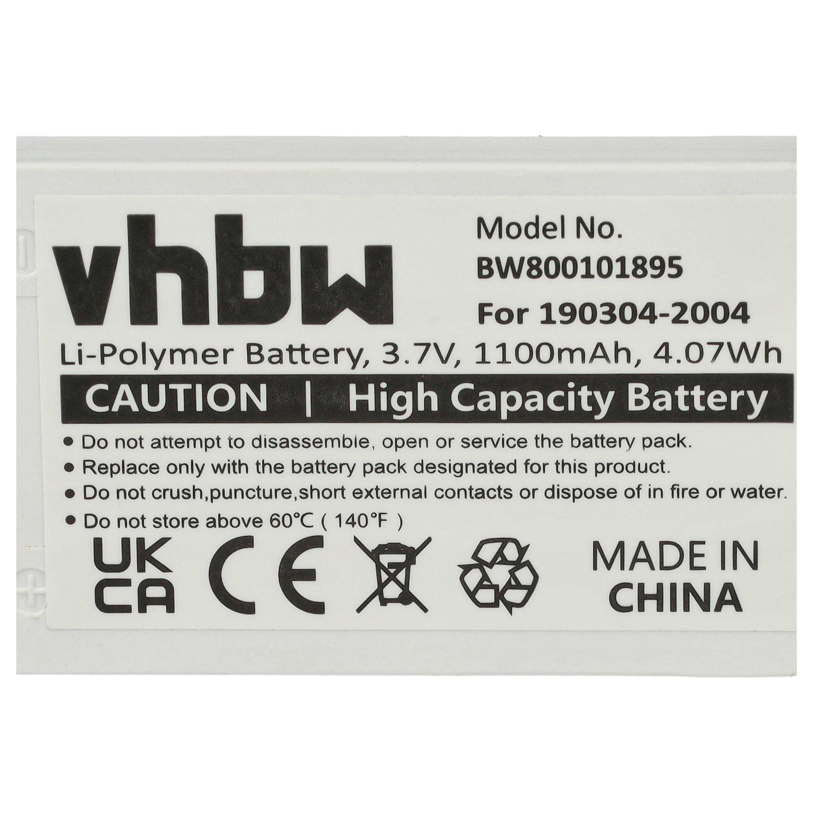 Weißes Batterieetikett mit schwarzem Text, Warnung und Symbolen.