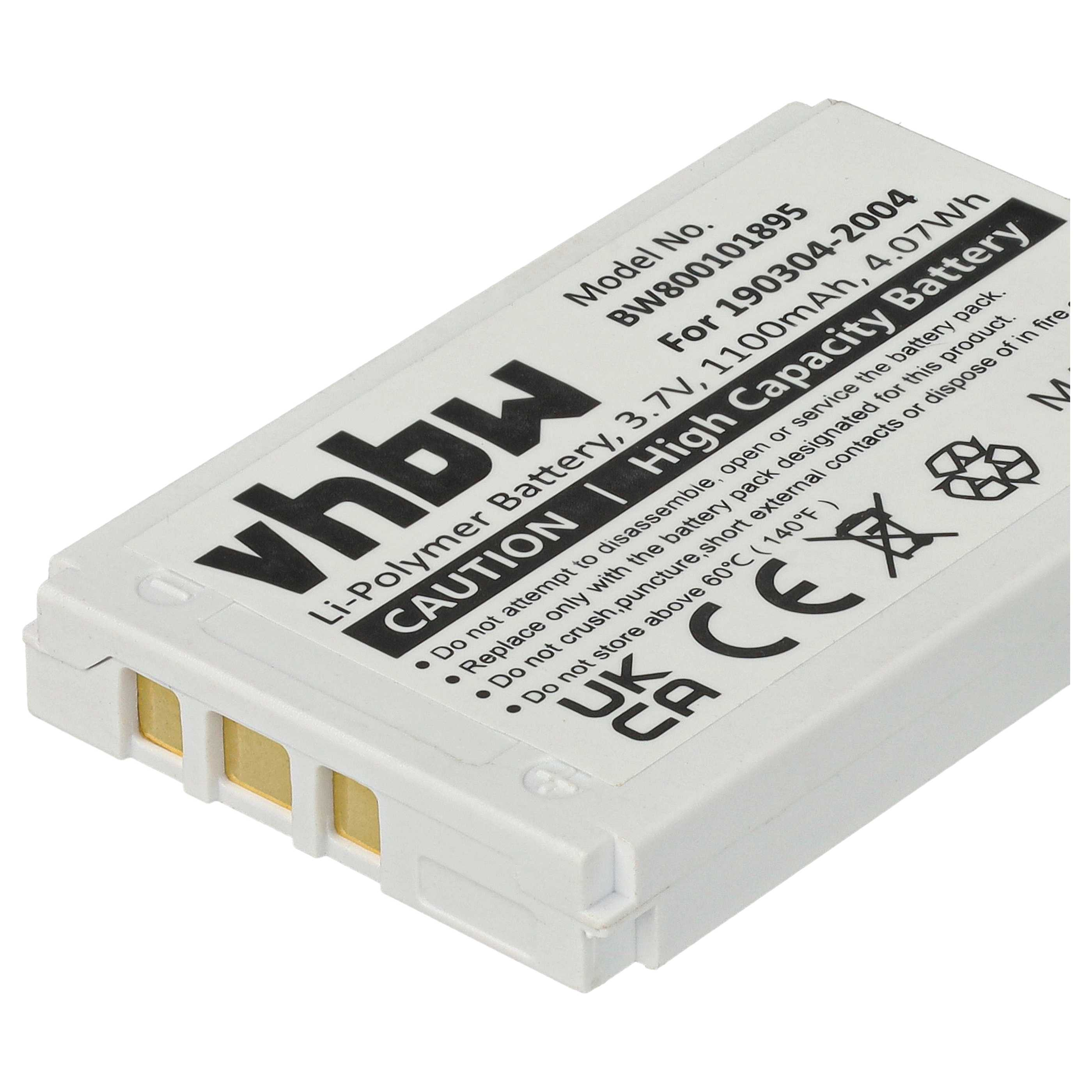 Weiße Batterie mit Text und Warnhinweisen.