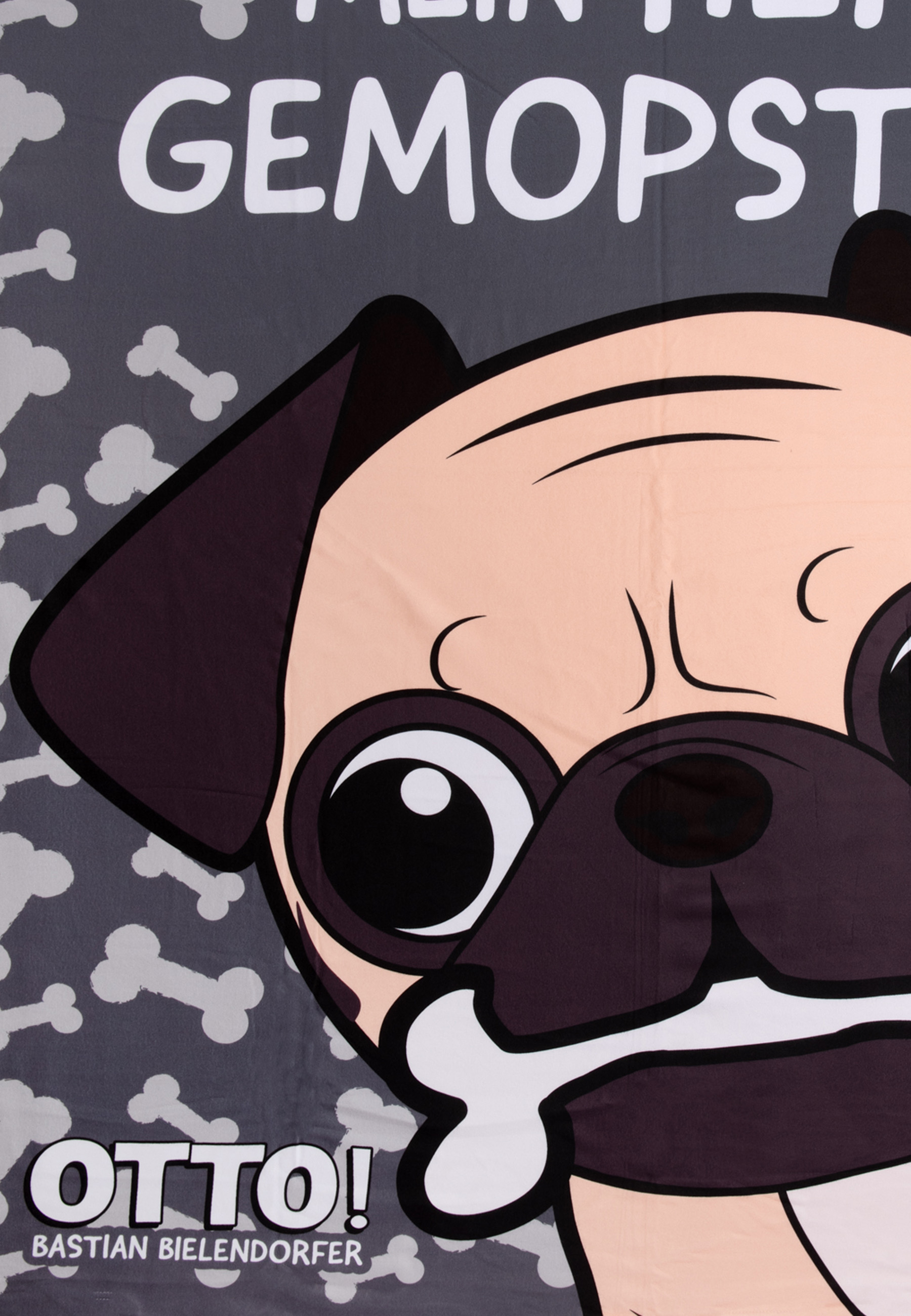 Nahaufnahme des Gesichts eines Mopses. Der Hund schaut nach links, mit einer Knochenillustration.
