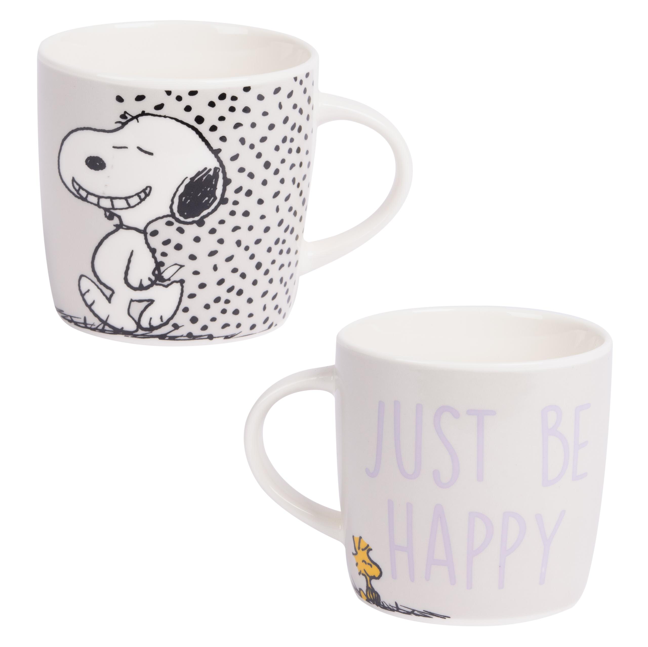 Zwei Tassen mit der Snoopy-Figur und dem Satz 'Just Be Happy'.