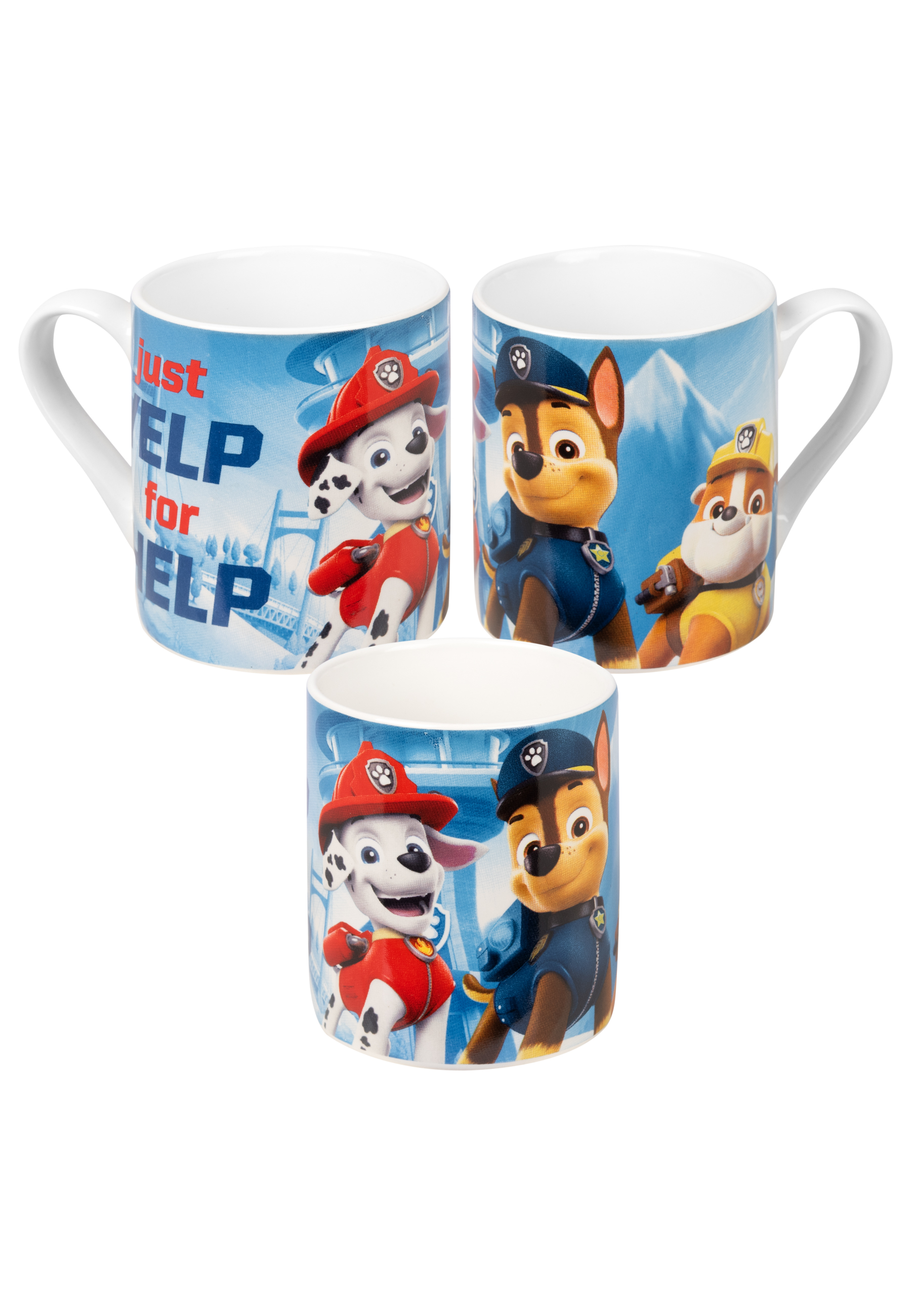 Drei Tassen mit Paw Patrol-Charakteren. Jede Tasse hat ein anderes Bild der Charaktere.