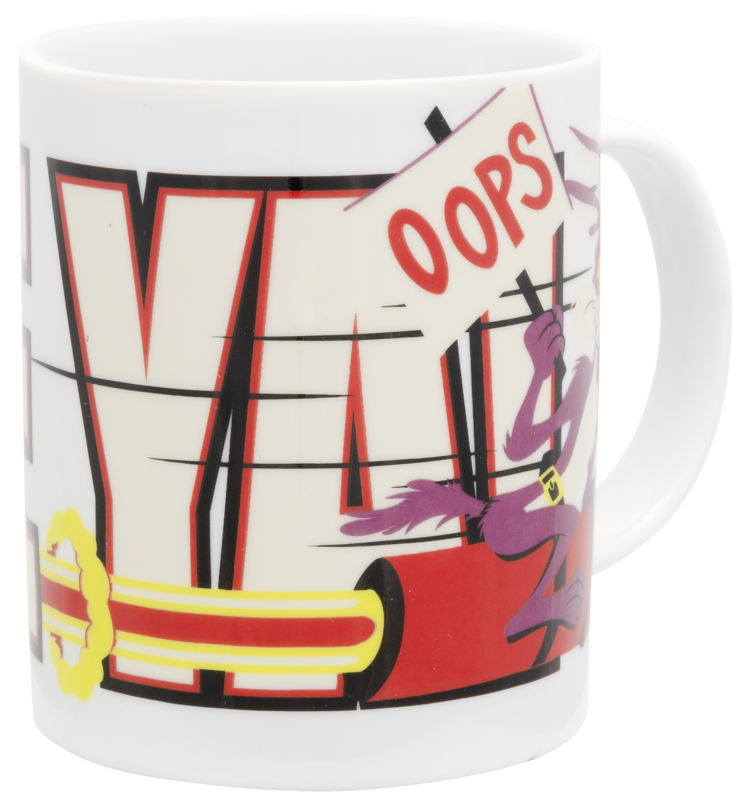 Weiße Tasse mit Cartoon-Figur, die ein Schild mit "OOPS" hält.