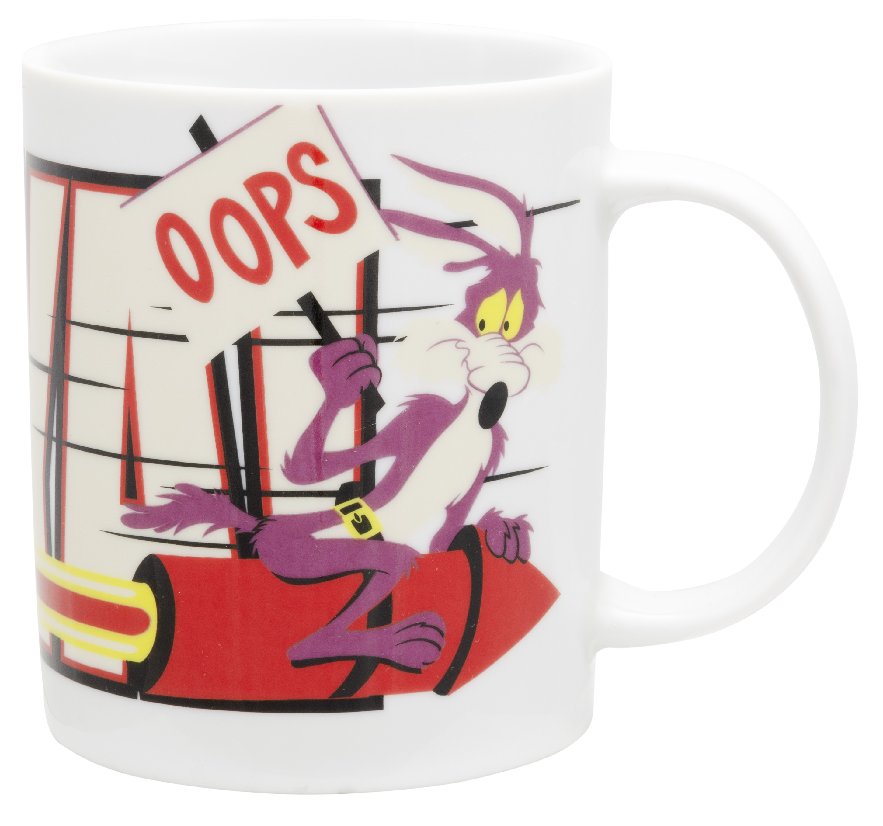 Weißer Becher mit Road Runner und einem Schild mit der Aufschrift 'OOPS'. Cartoon-Bild mit roter Rakete auf weißem Hintergrund.