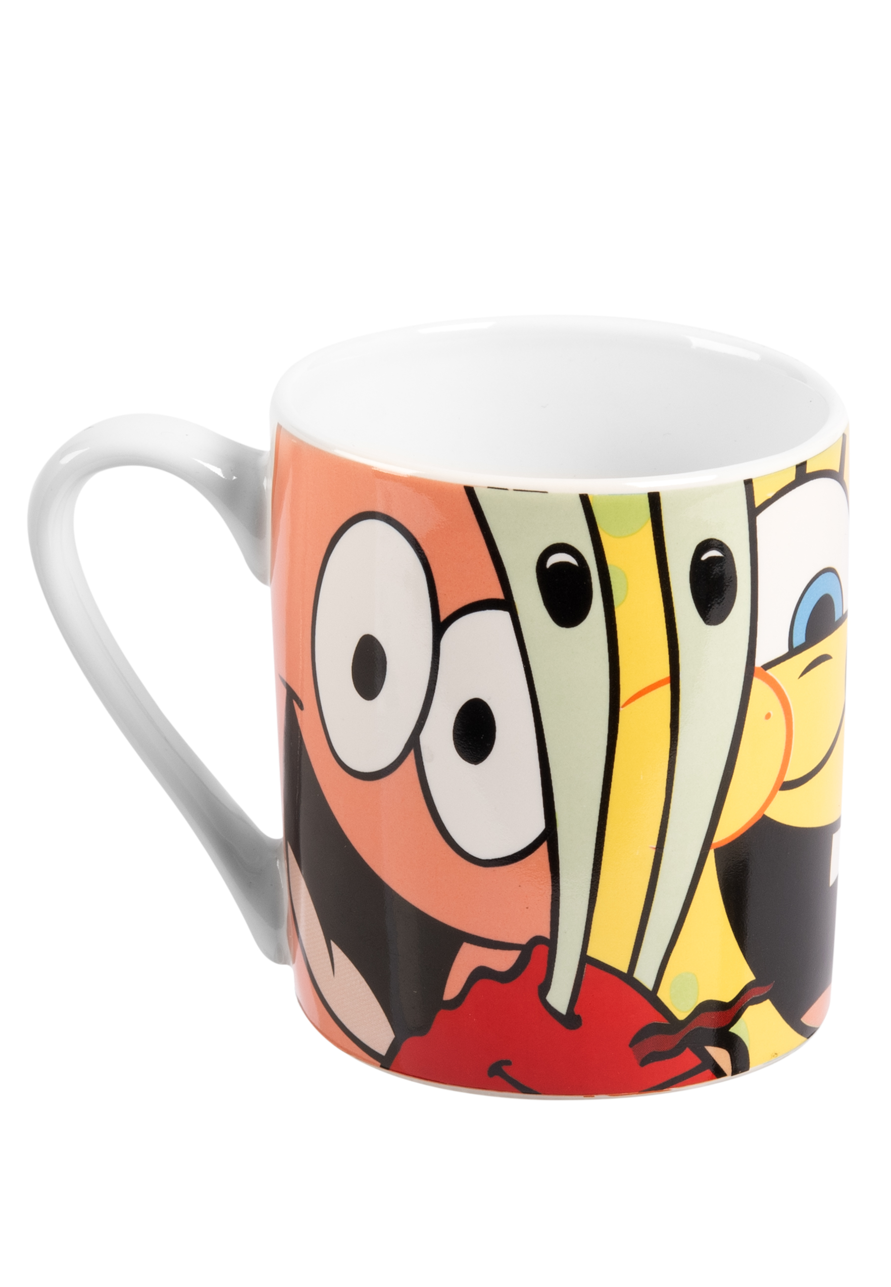 Tasse mit Zeichentrickfiguren: Patrick, SpongeBob und Thaddäus. Die Tasse ist weiß und orange.