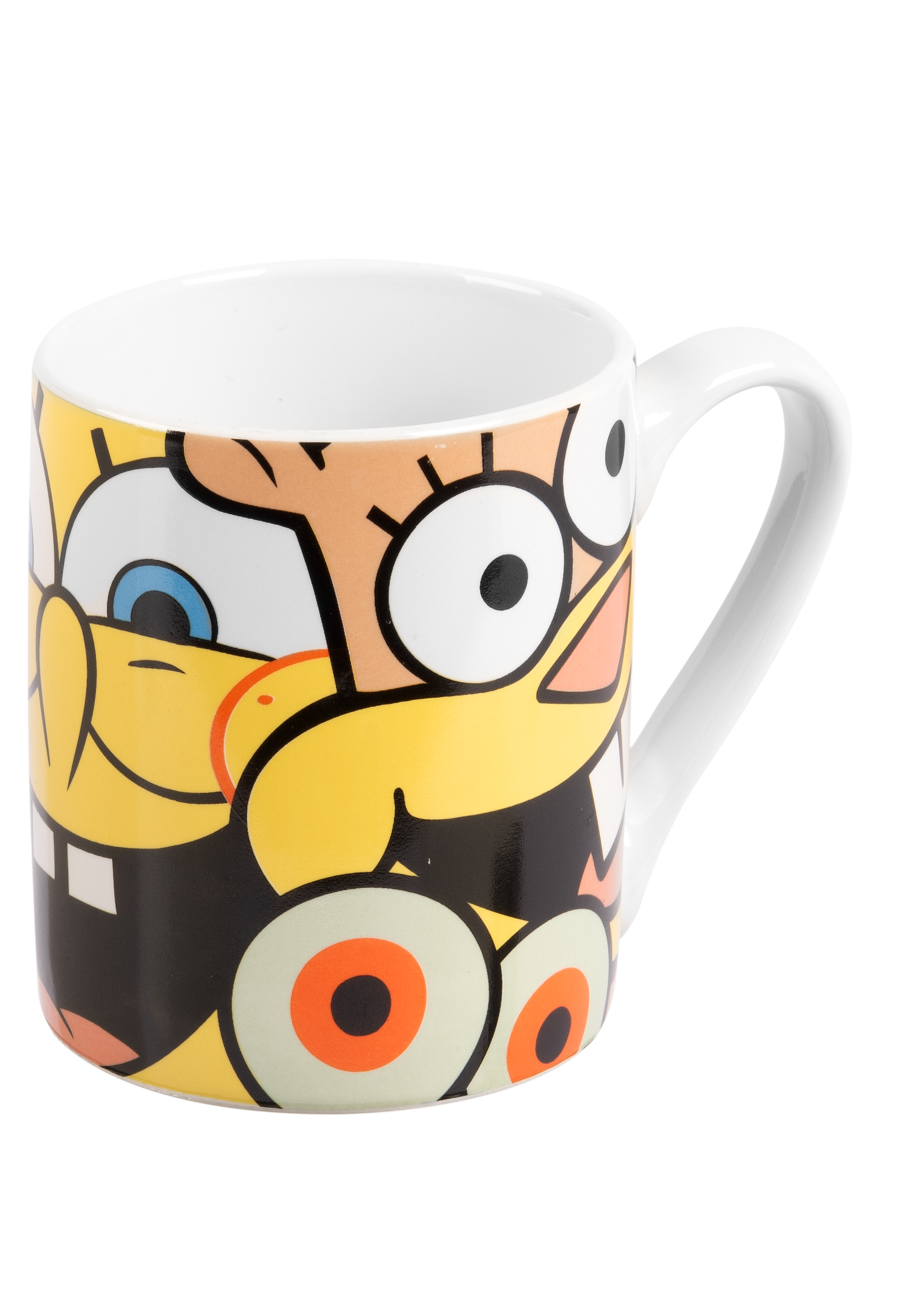 Eine weiße Tasse mit SpongeBob Schwammkopf und anderen Zeichentrickfiguren.