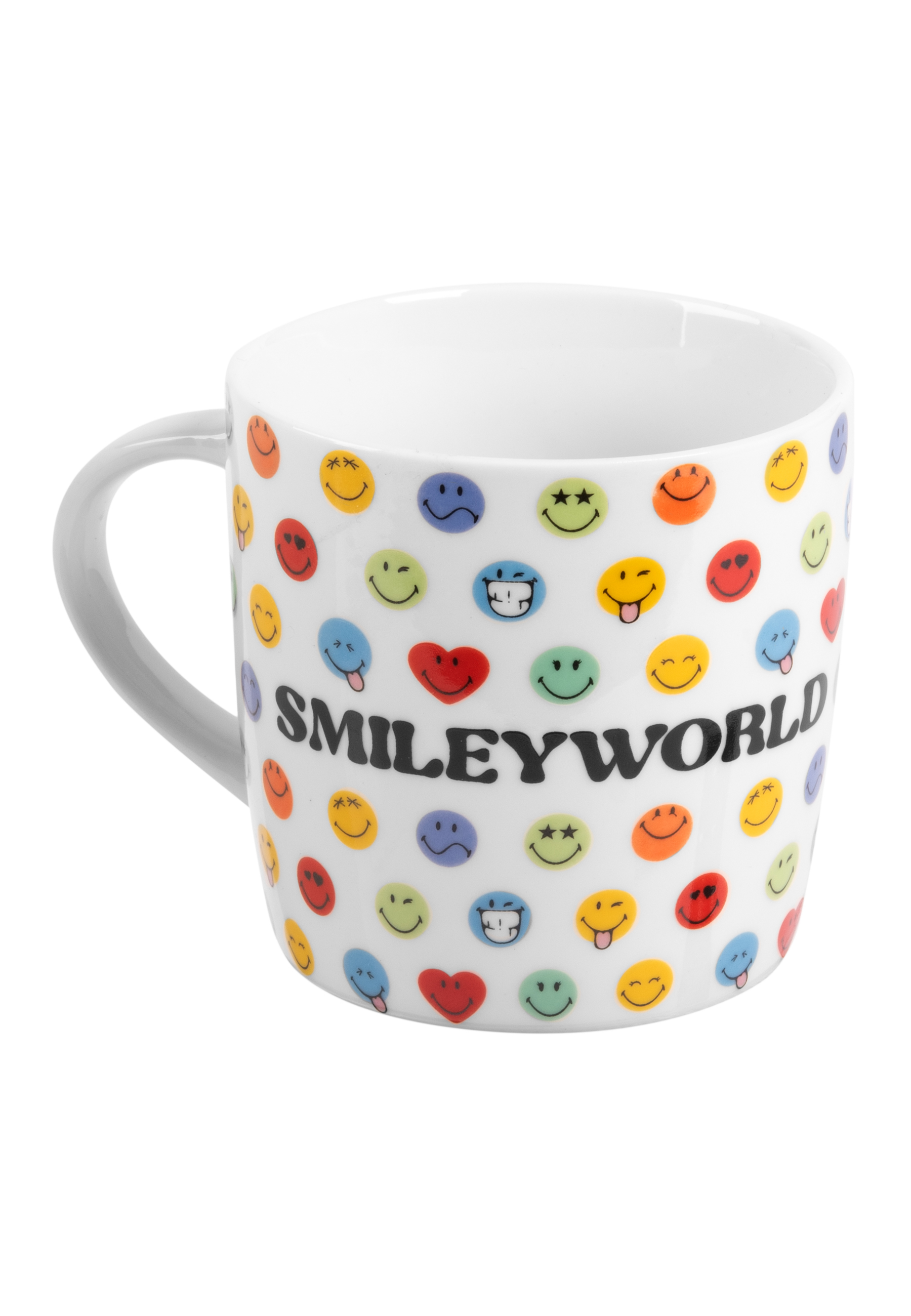 Weiße Tasse mit bunten Smiley-Gesichtern und den schwarzen Worten 'SMILEYWORLD'.