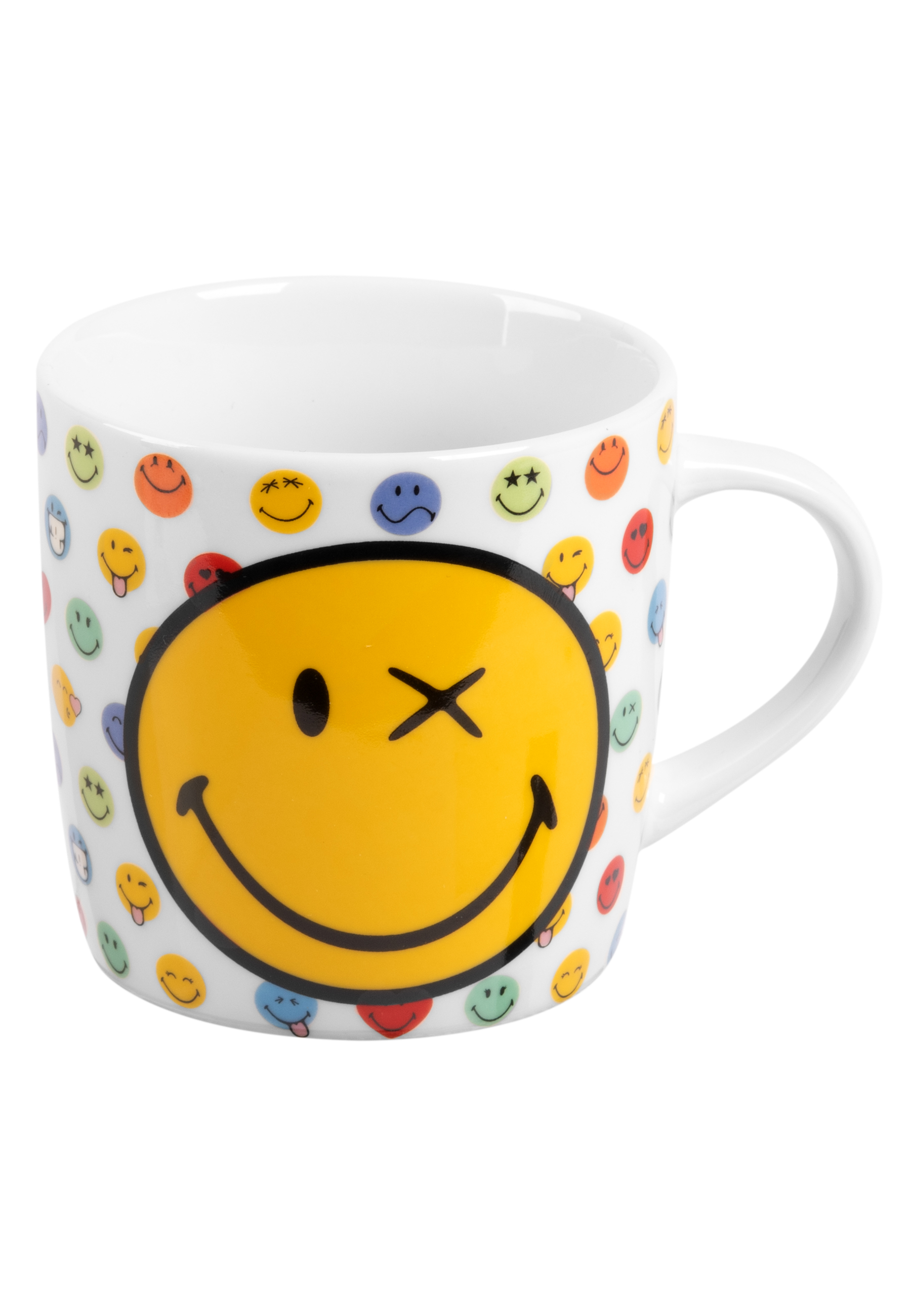 Weiße Tasse mit Smiley-Gesichtern, eines mit X-Auge.
