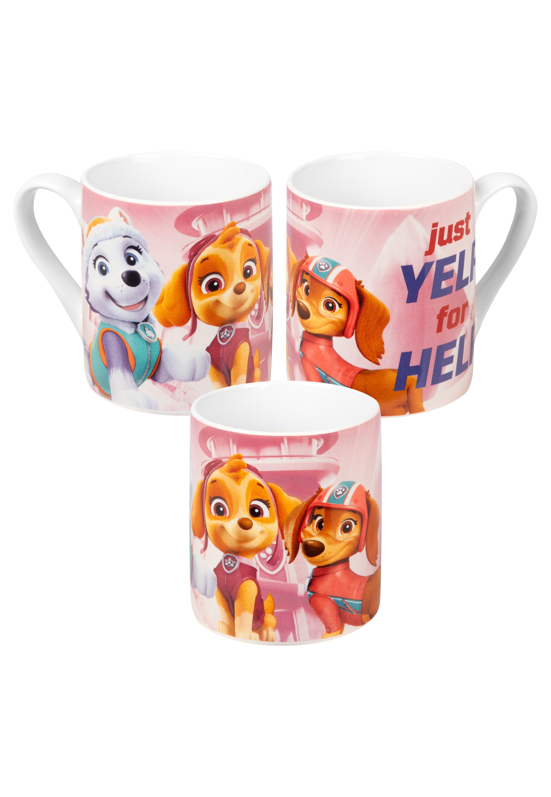 Drei Tassen mit Paw Patrol-Charakteren. Jede Tasse hat eine andere Seite der Welpen.