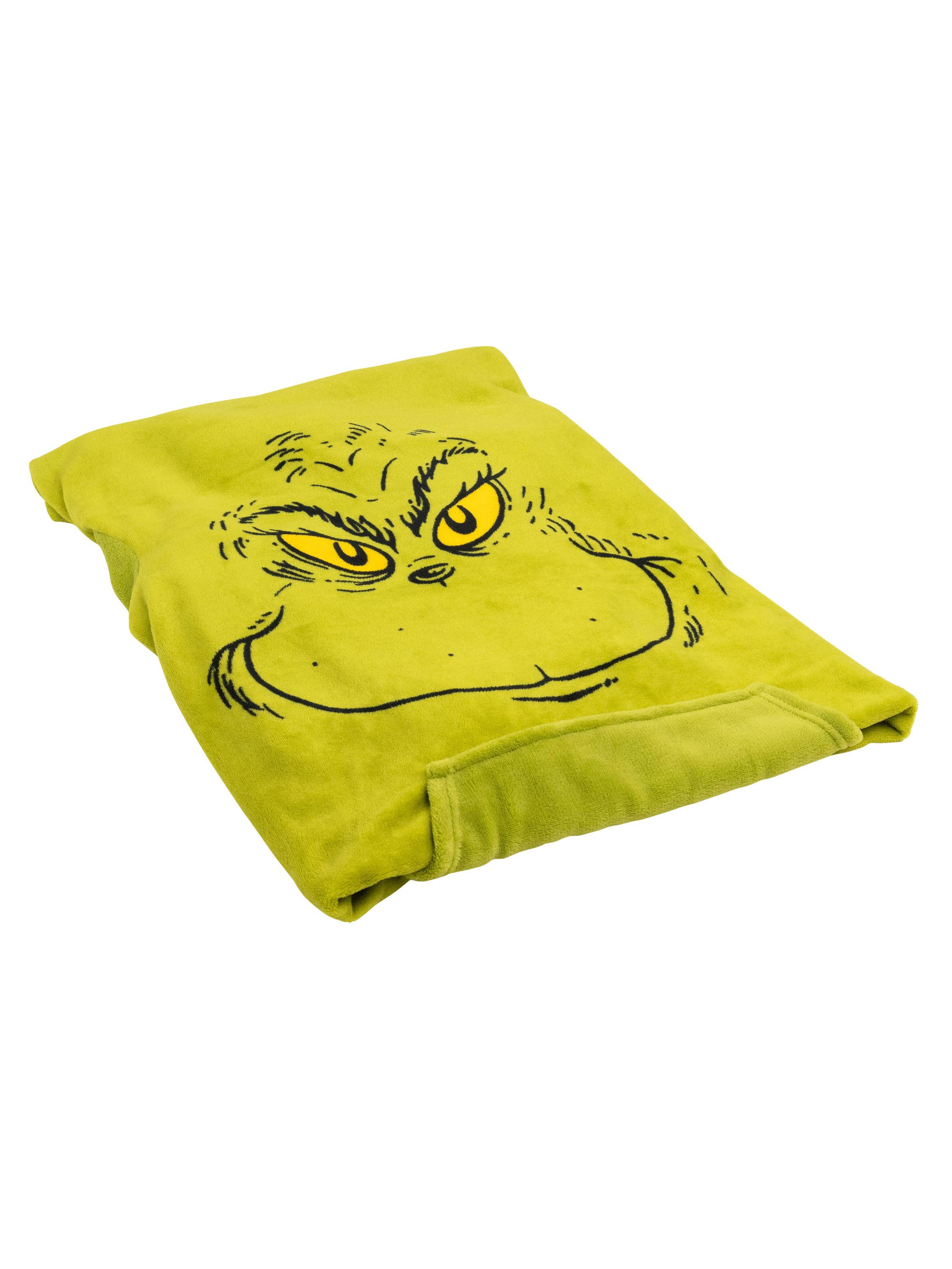 Grüner Grinch-Decke. Zeigt das Gesicht des Grinch. Limettengrün mit schwarzer Umrandung des Gesichts.