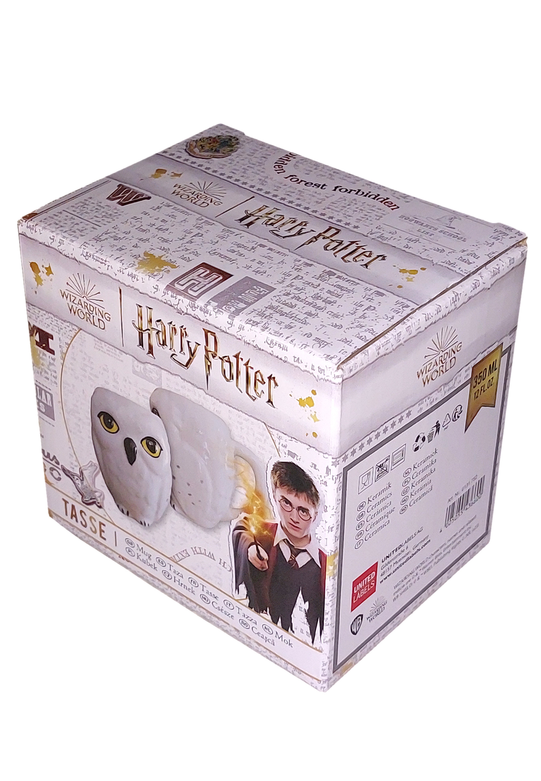 Box für einen Harry Potter Becher mit Bild von Harry und Hedwig, Text und weißem Hintergrund.