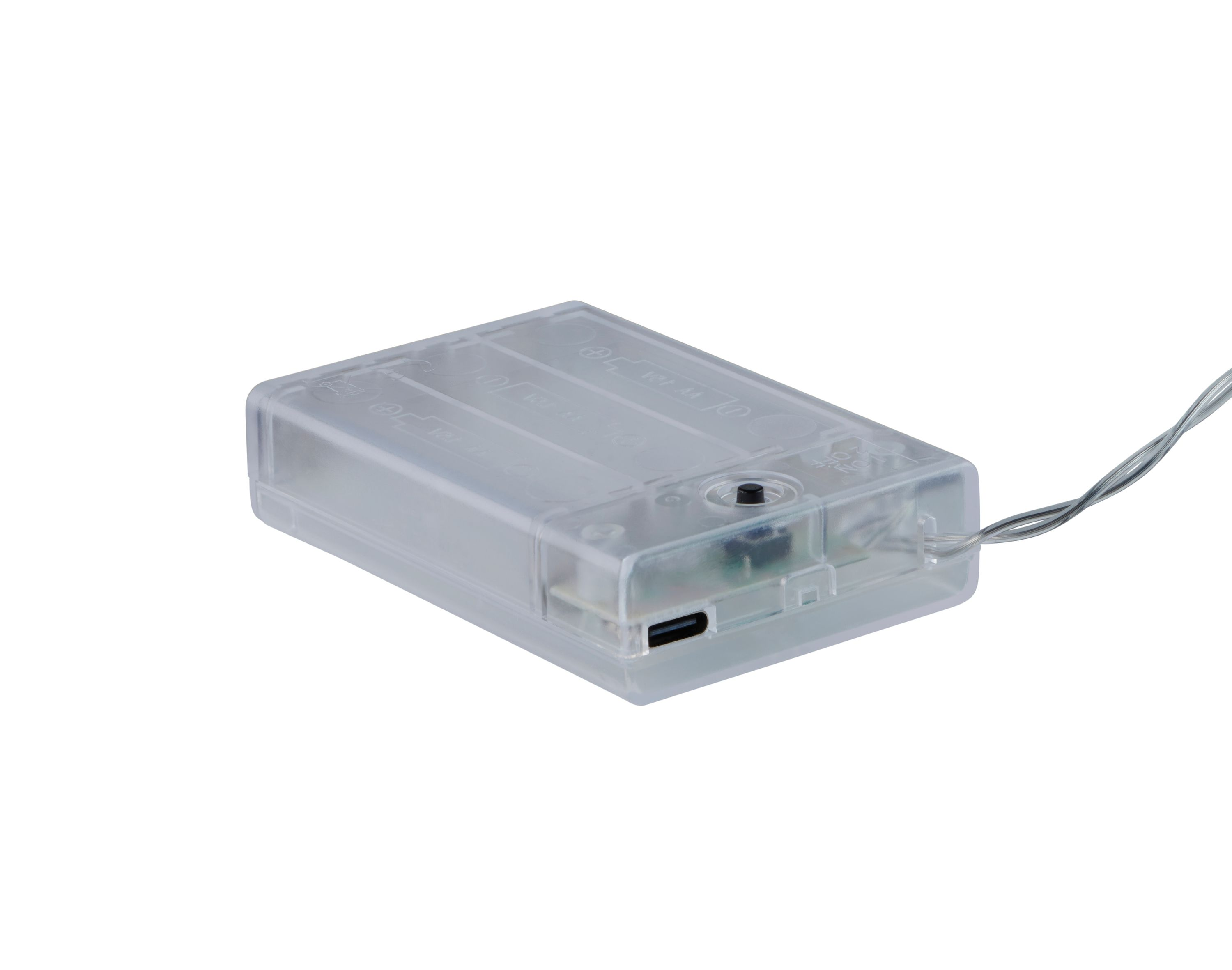 Eine transparente, rechteckige Kunststoff-Batteriebox mit Draht.