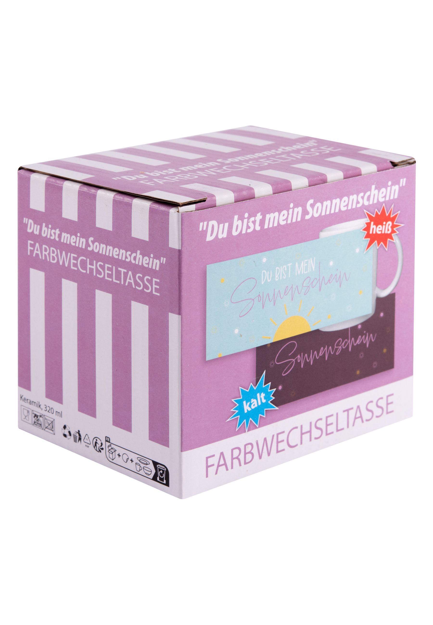 Box mit einer Tasse mit der Aufschrift 'Du bist mein Sonnenschein' und einem Sonnensymbol. Farbe wechselt heiß.