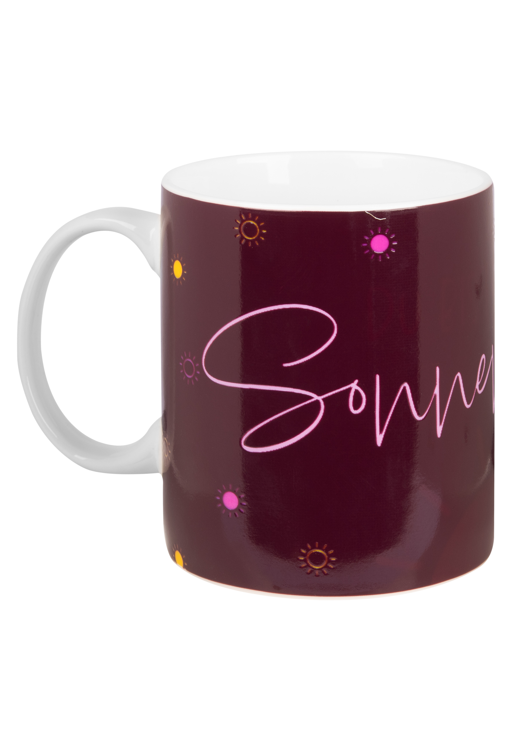 Eine weiße Tasse mit einem weinroten Design und dem Wort Sonnet in rosa Schrift.