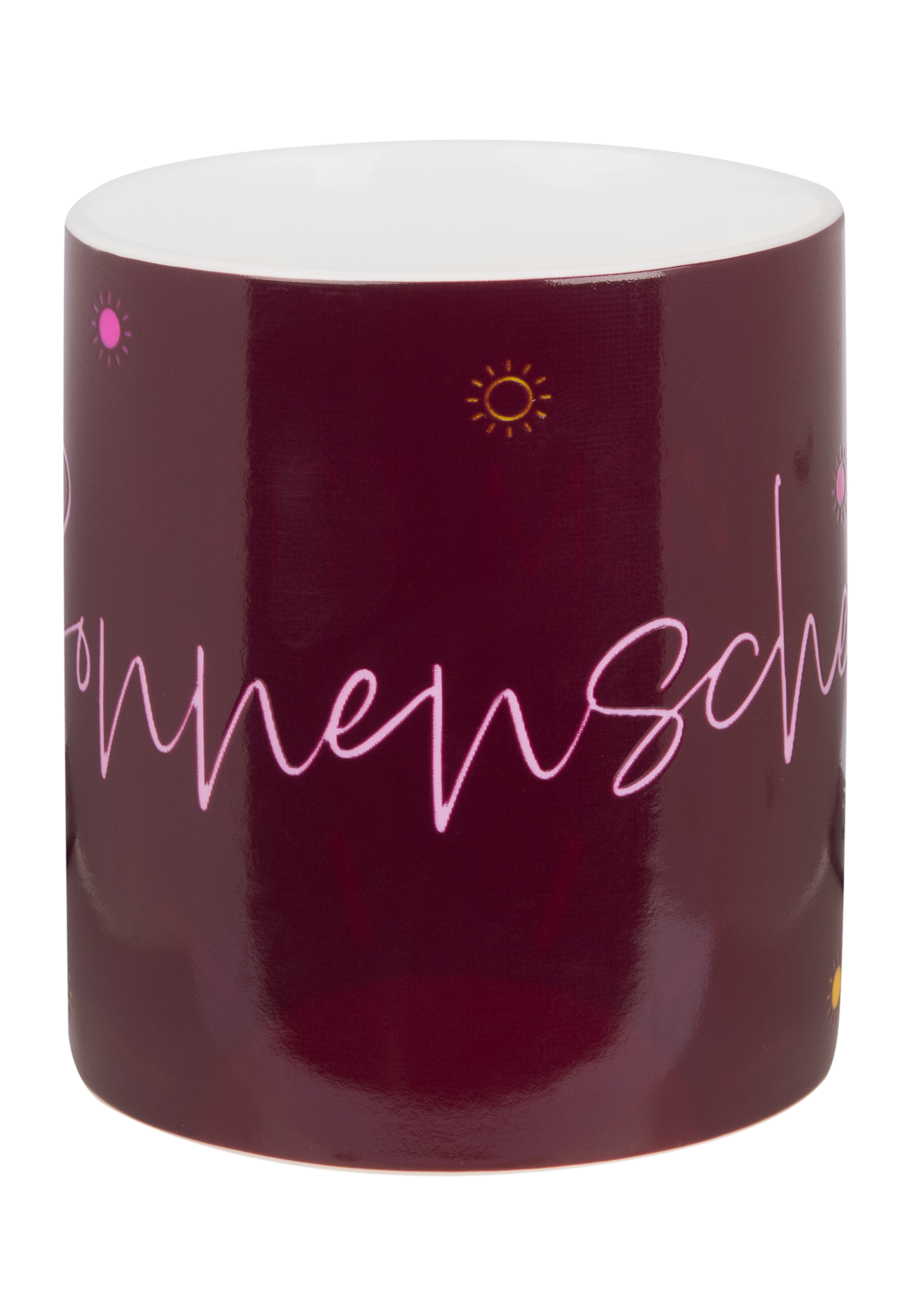 Eine weinrote Tasse mit dem Wort 'Sonnenschein' darauf. Einige gelbe und rosa Sonnen sind sichtbar.