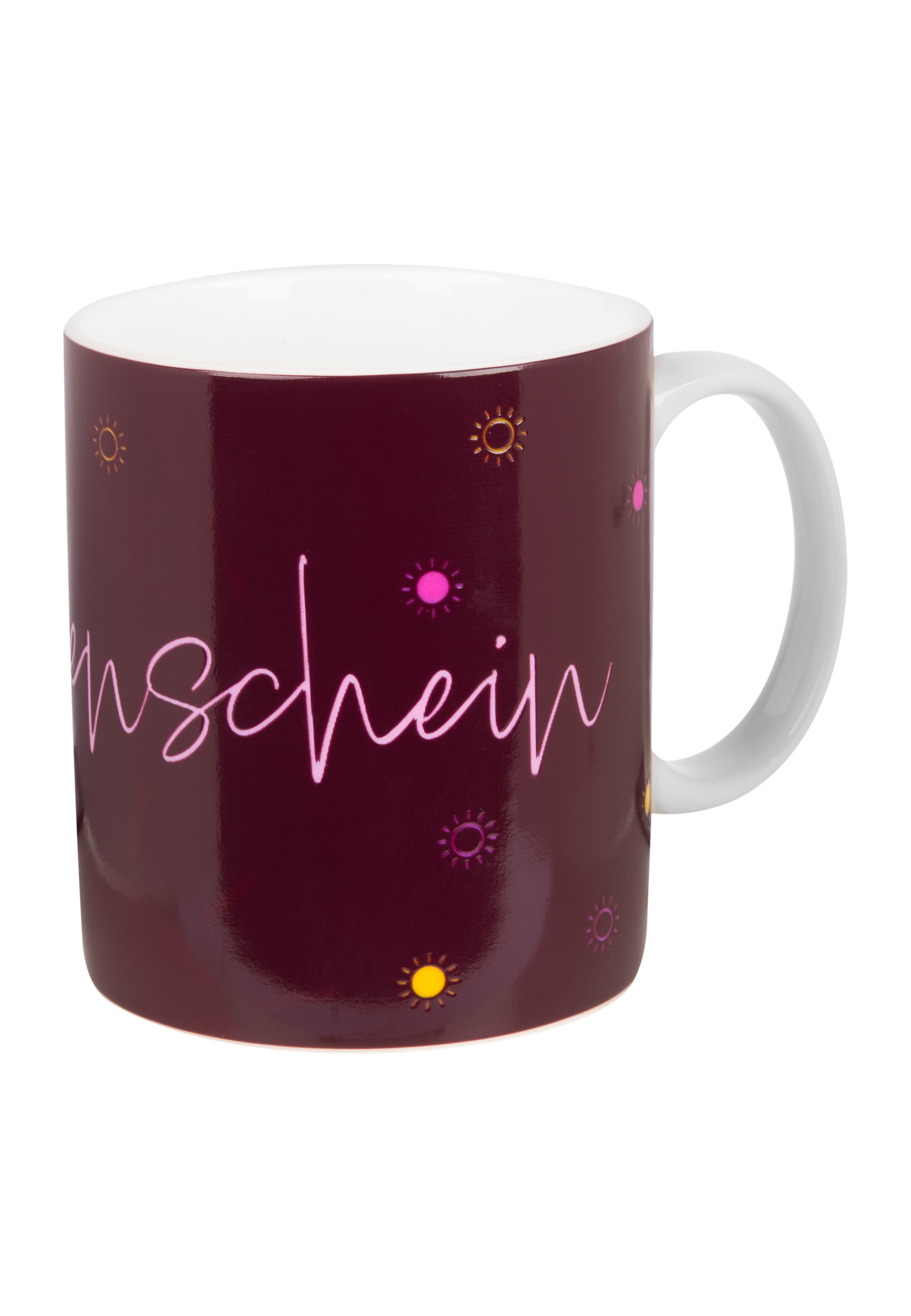 Eine Tasse mit dunkelrotem Hintergrund und dem Wort 'Wunschschein' in Pink. Kleine Sonnenformen sind verstreut.