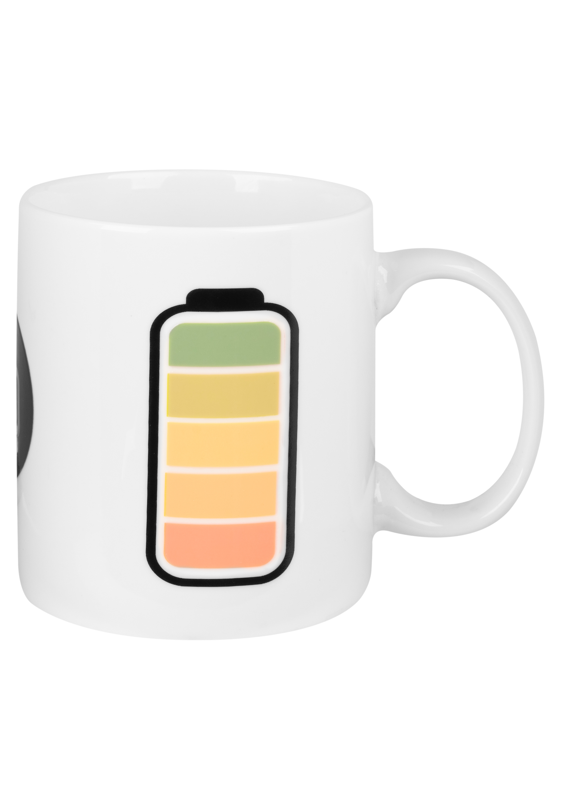 Ein weißer Becher mit einer Batteriestandsanzeige, die den Akku etwa zur Hälfte gefüllt anzeigt.
