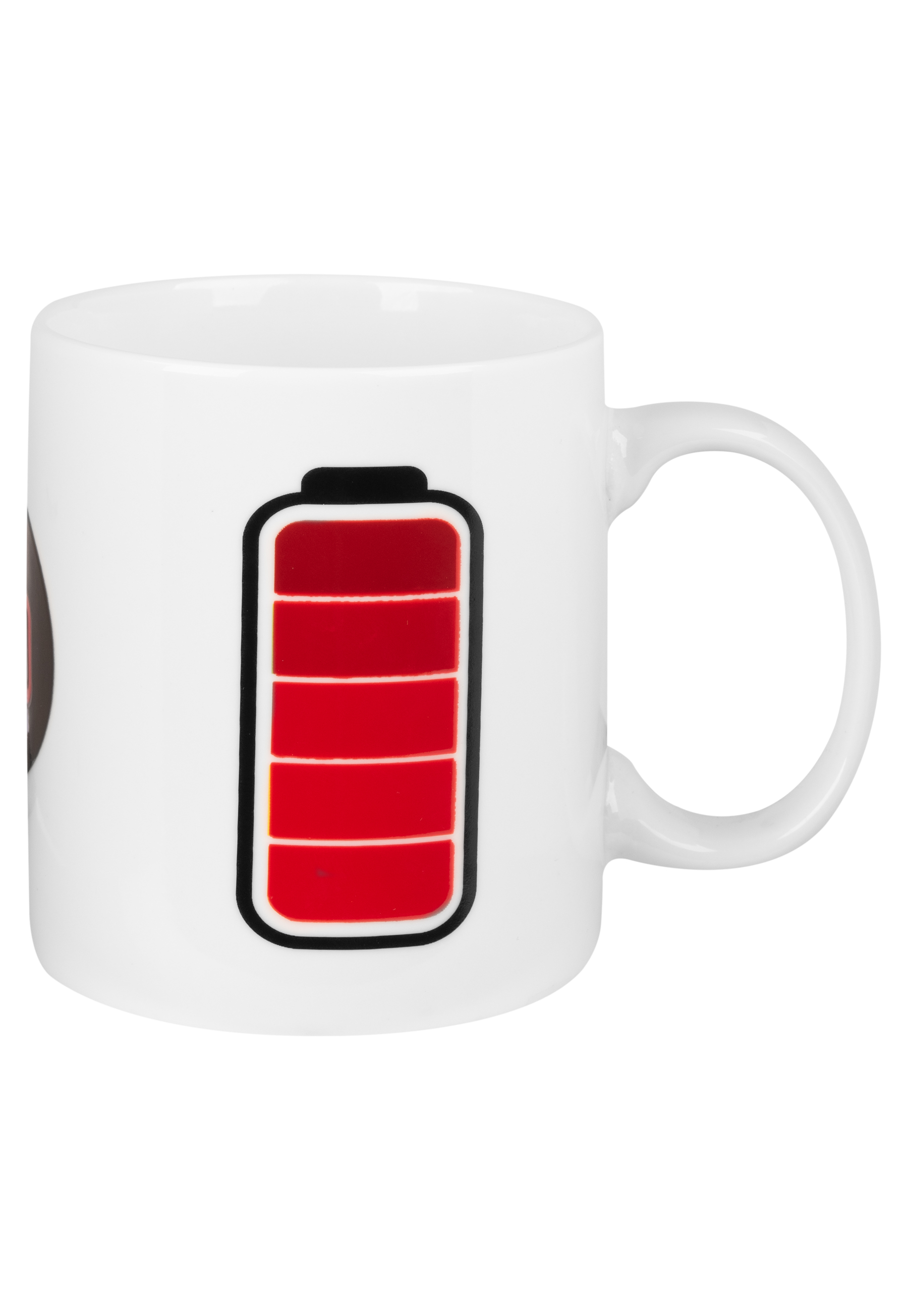 Weiße Tasse mit einem roten Akkusymbol, das einen niedrigen Ladestand anzeigt.