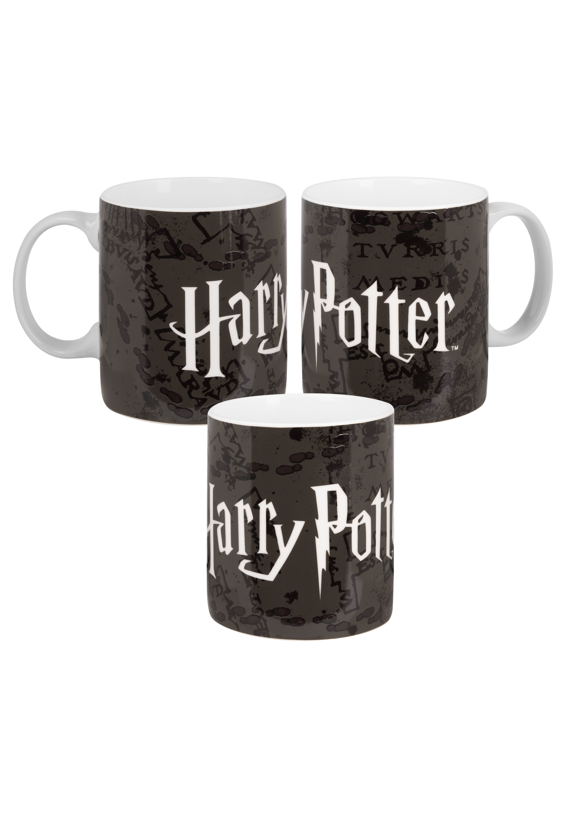 Drei Harry Potter-Tassen mit Logo auf weißem Hintergrund.