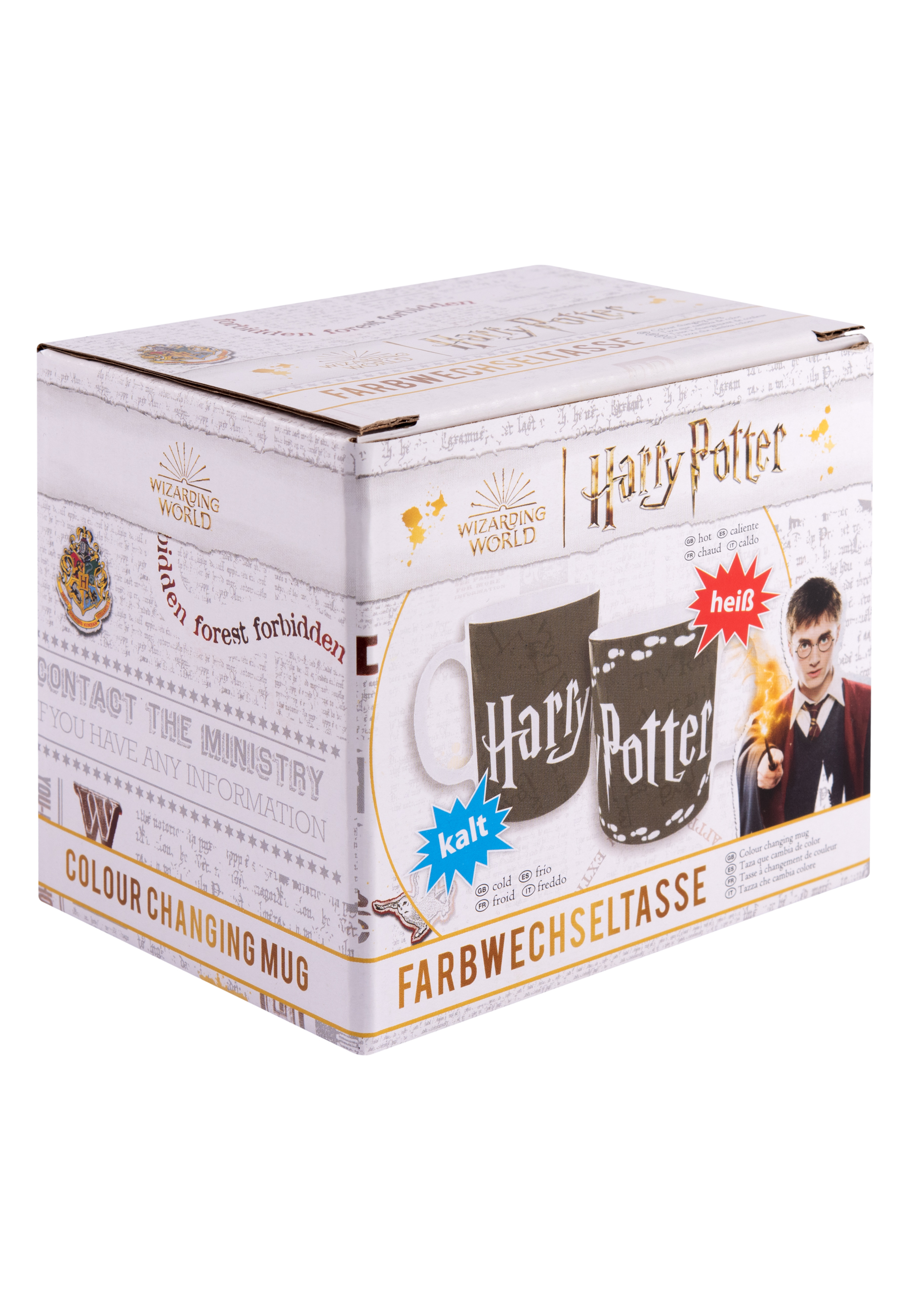 Harry Potter Farbwechsel-Tasse in einer Box, mit Bildern und Text auf der Box.