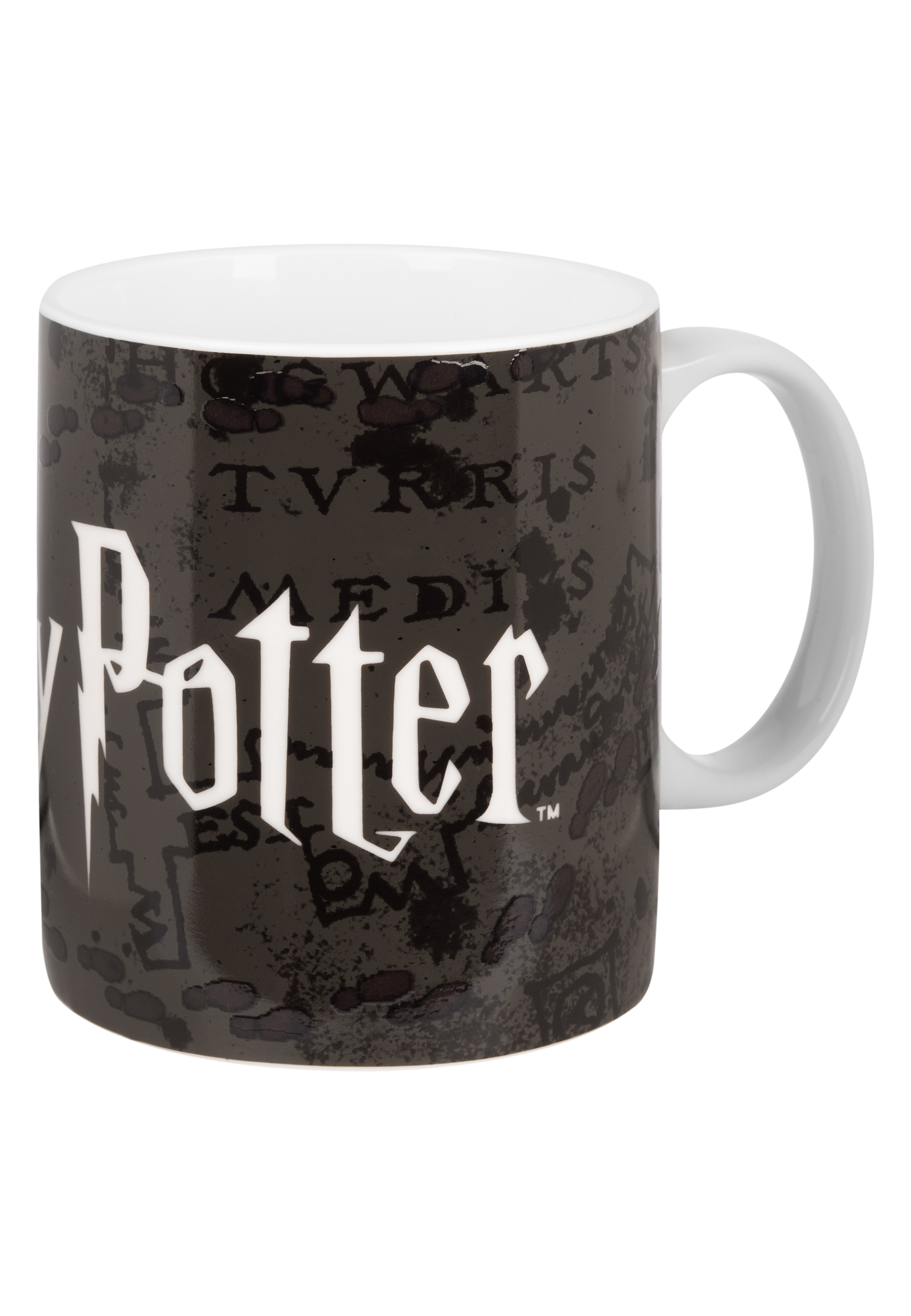 Weißer Harry Potter-Becher mit schwarzem Hintergrund und weißem Text.