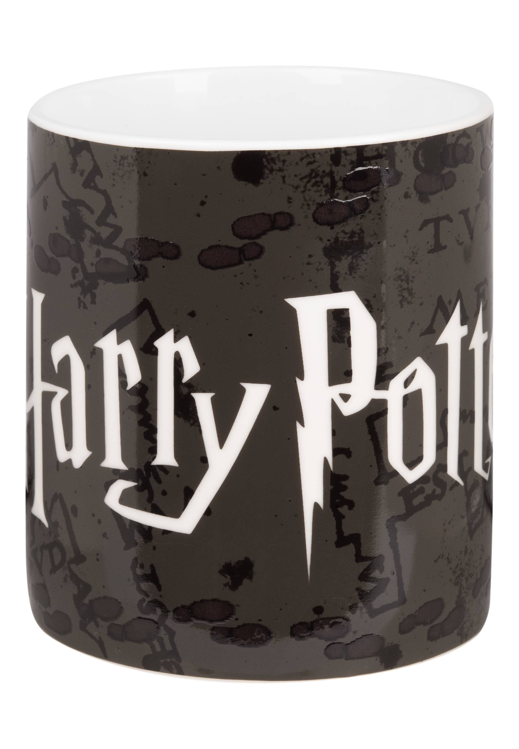Ein weißer Harry Potter-Becher mit schwarzem Hintergrund und den Worten 'Harry Potter' in der Mitte.
