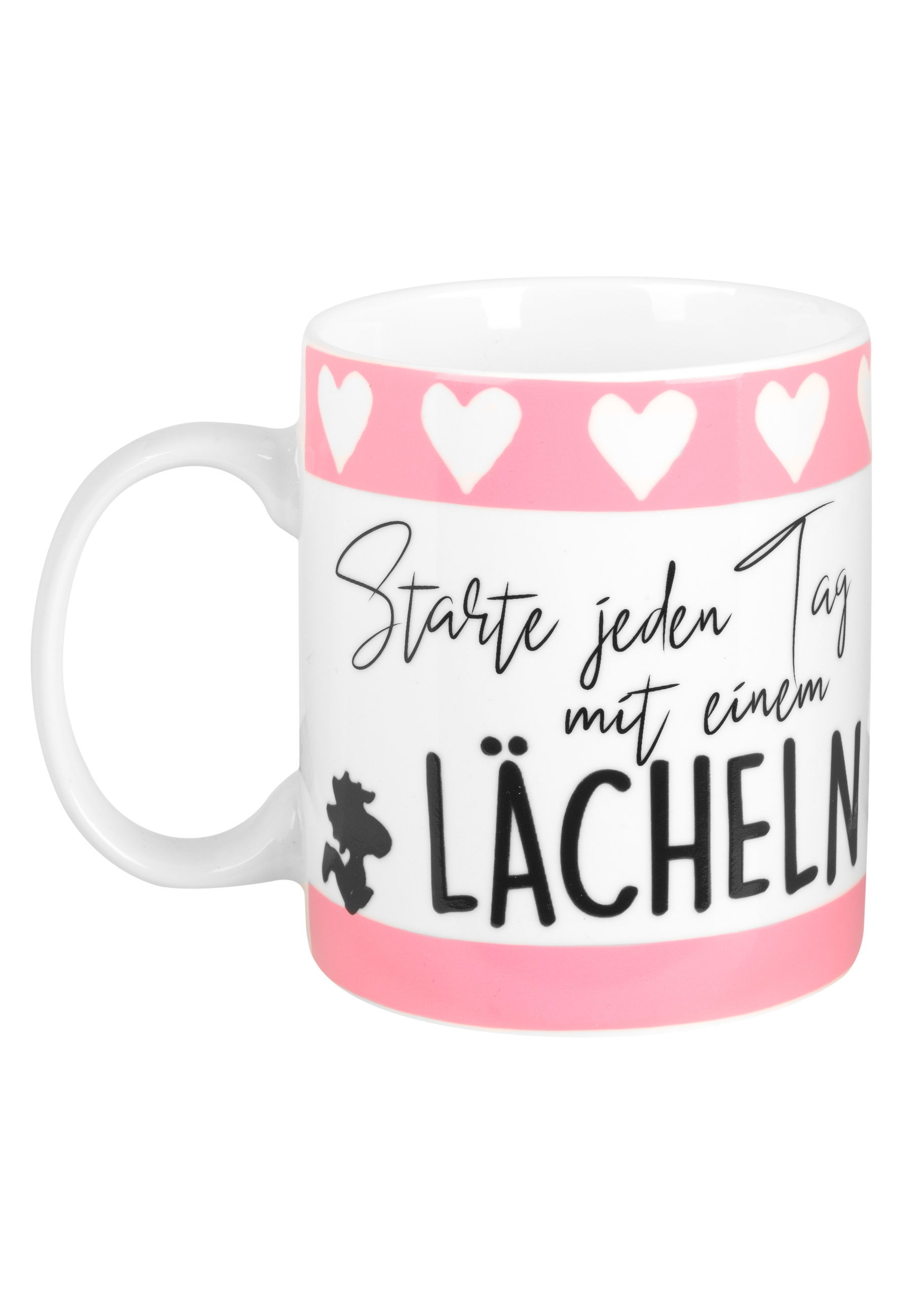 Weiße Tasse mit rosa Herzdesign und Text: Starte jeden Tag mit einem Lächeln. Schwarze und rosa Akzente.