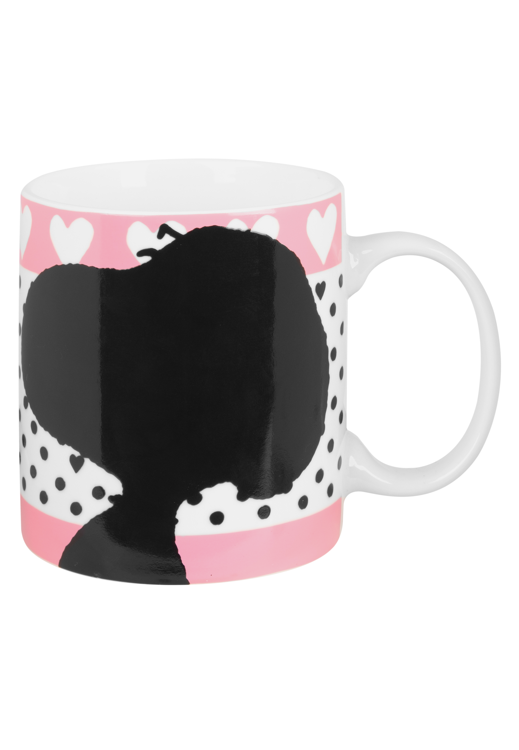 Eine weiße Tasse mit einer schwarzen Silhouette einer Frau und rosa Herzen darauf.
